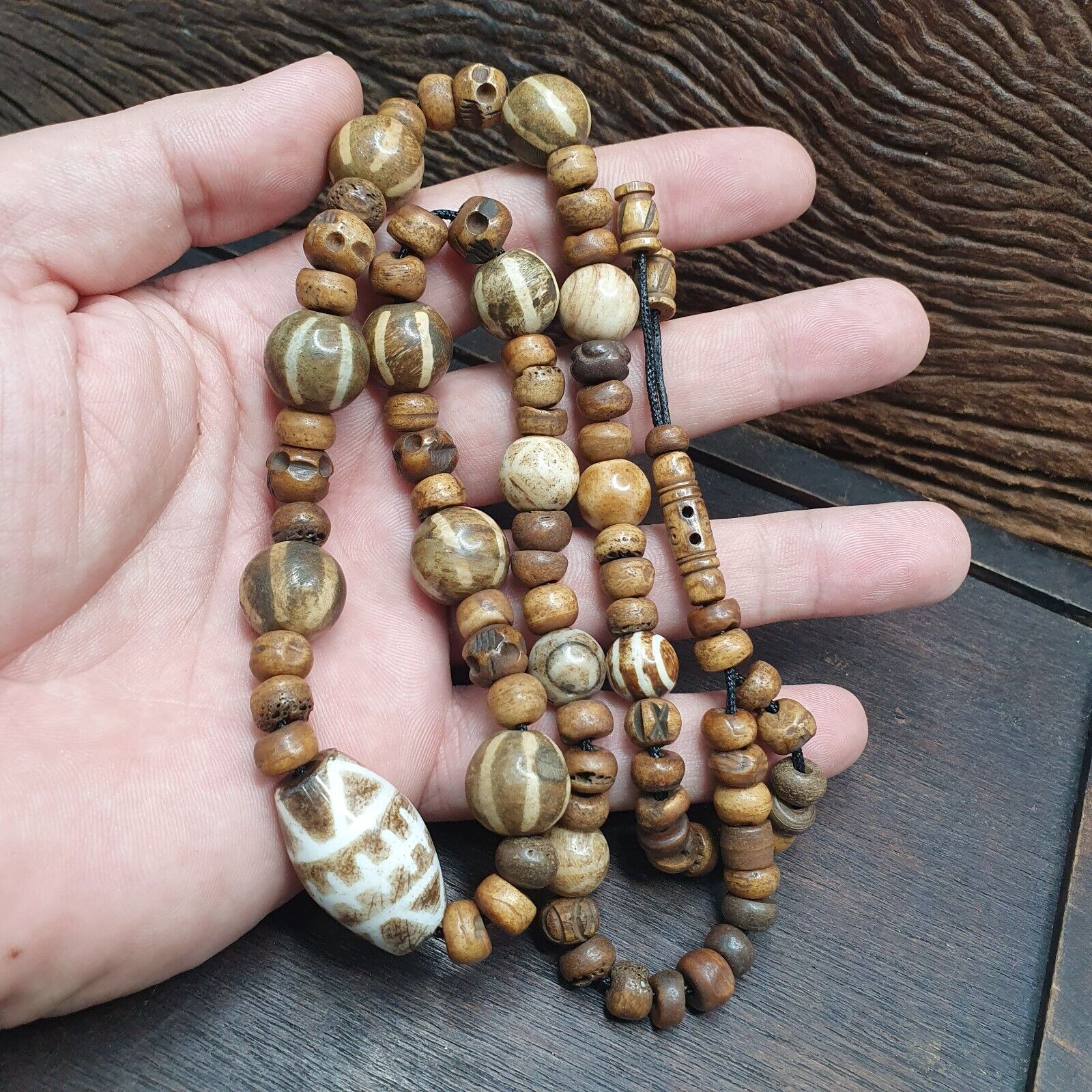 South Asian Burmese Antiques Trade Pumtek petrified Wood Beads Necklace