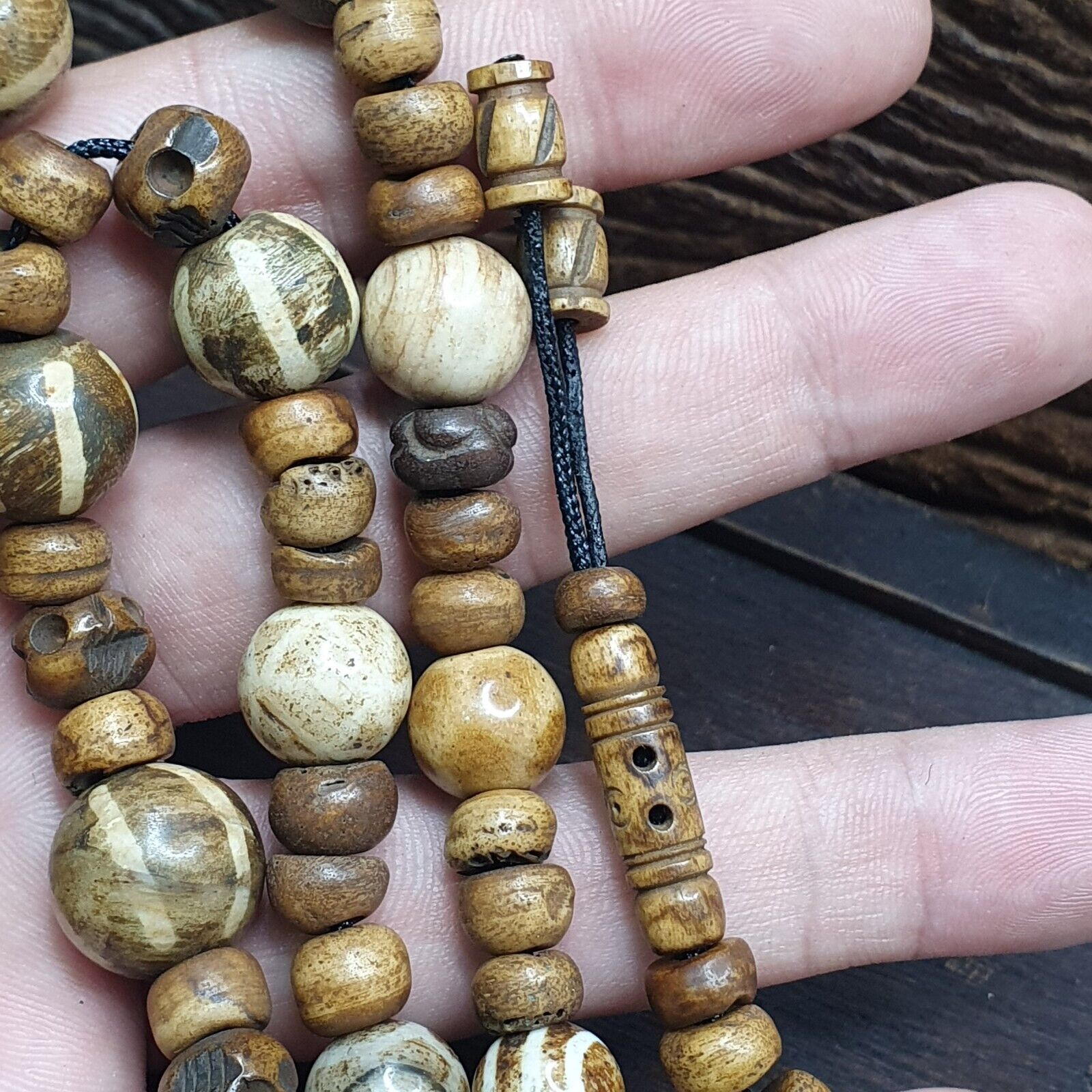 South Asian Burmese Antiques Trade Pumtek petrified Wood Beads Necklace