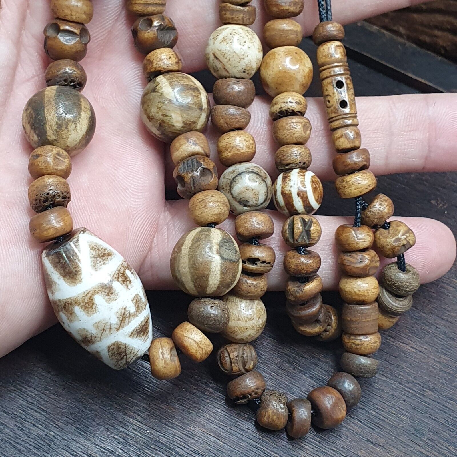 South Asian Burmese Antiques Trade Pumtek petrified Wood Beads Necklace