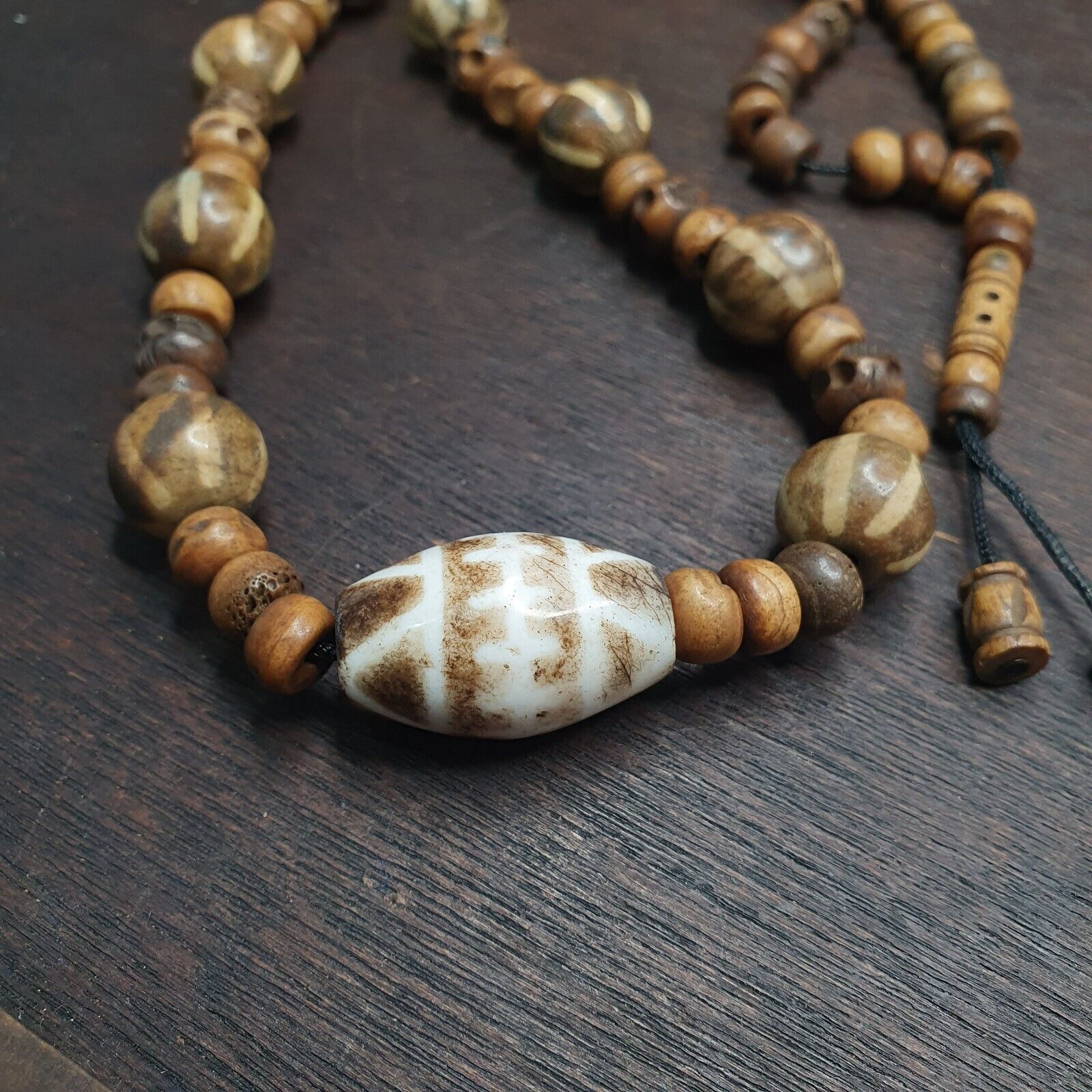 South Asian Burmese Antiques Trade Pumtek petrified Wood Beads Necklace