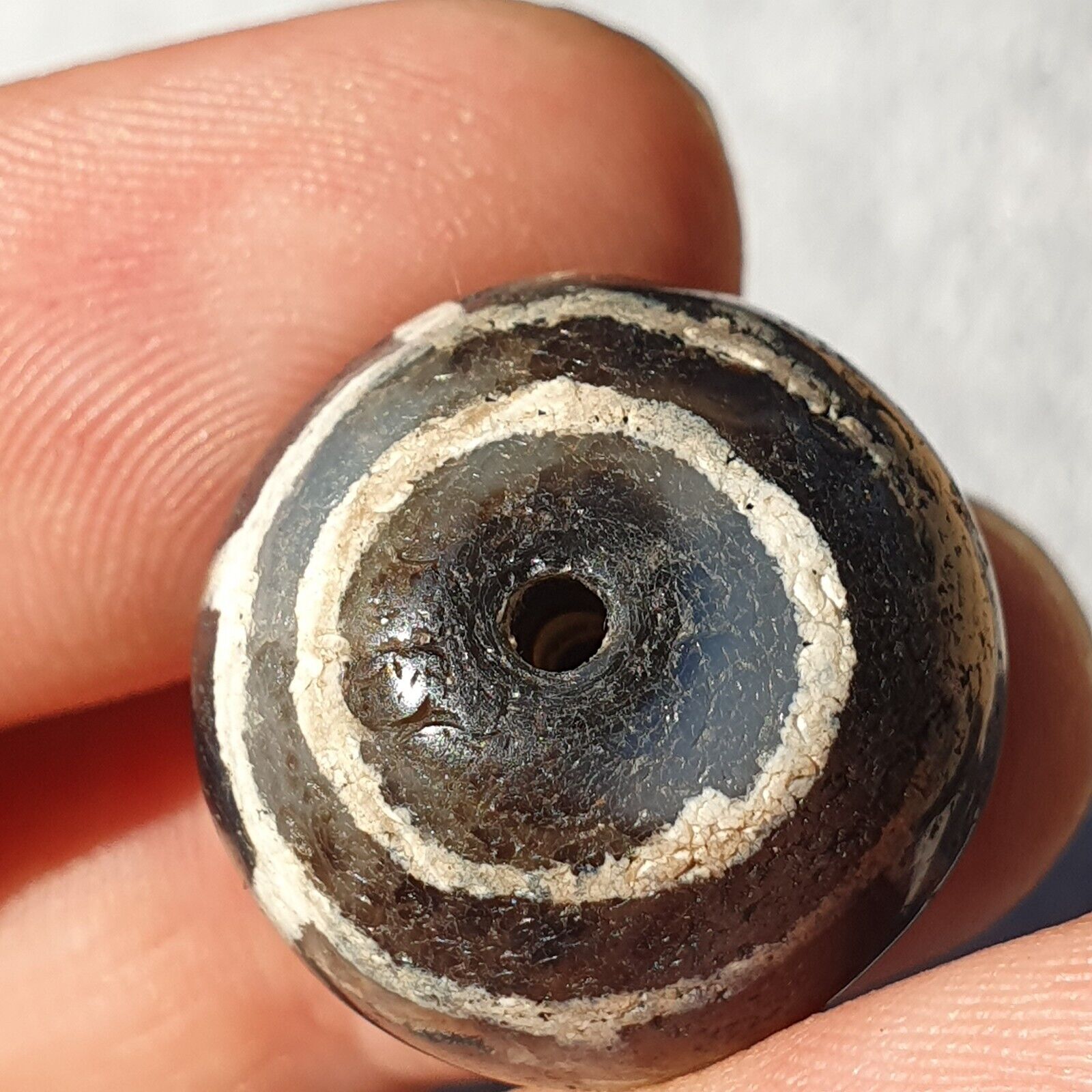 Antique Tibetan Etched Gray Agate Bead Eyes Pattern Amulet SHDK-6
