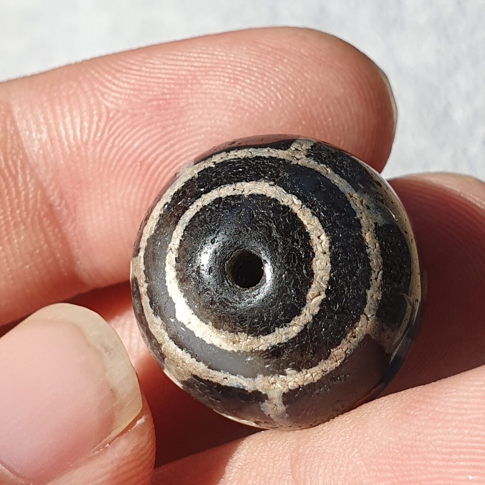 Antique Tibetan Etched Gray Agate Bead Eyes Pattern Amulet SHDK-6