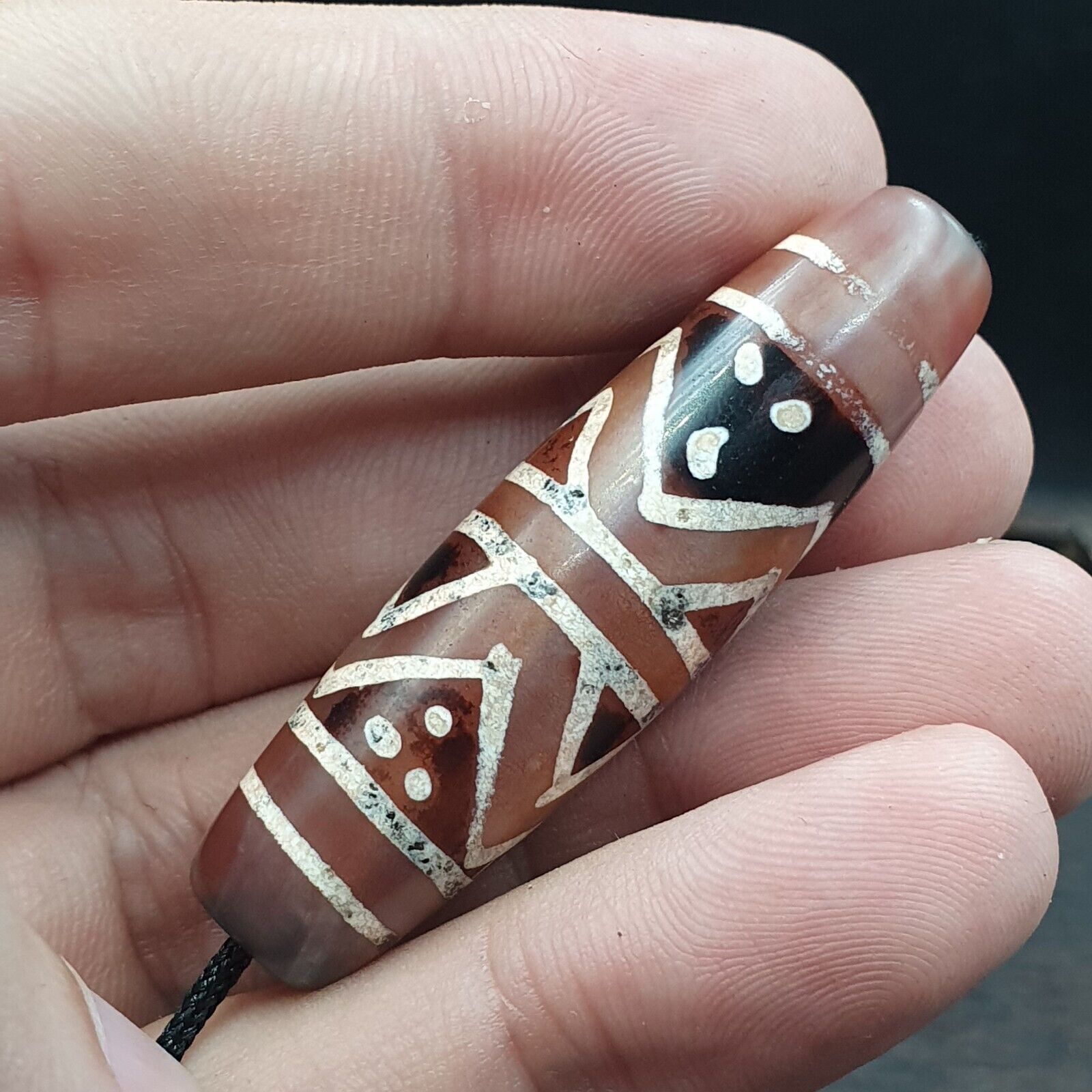 Antique -Vintage PYU Tibetan ETCHED Pink AGATE zig zag Eyes pattern BEAD 51mm