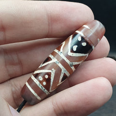Antique -Vintage PYU Tibetan ETCHED Pink AGATE zig zag Eyes pattern BEAD 51mm