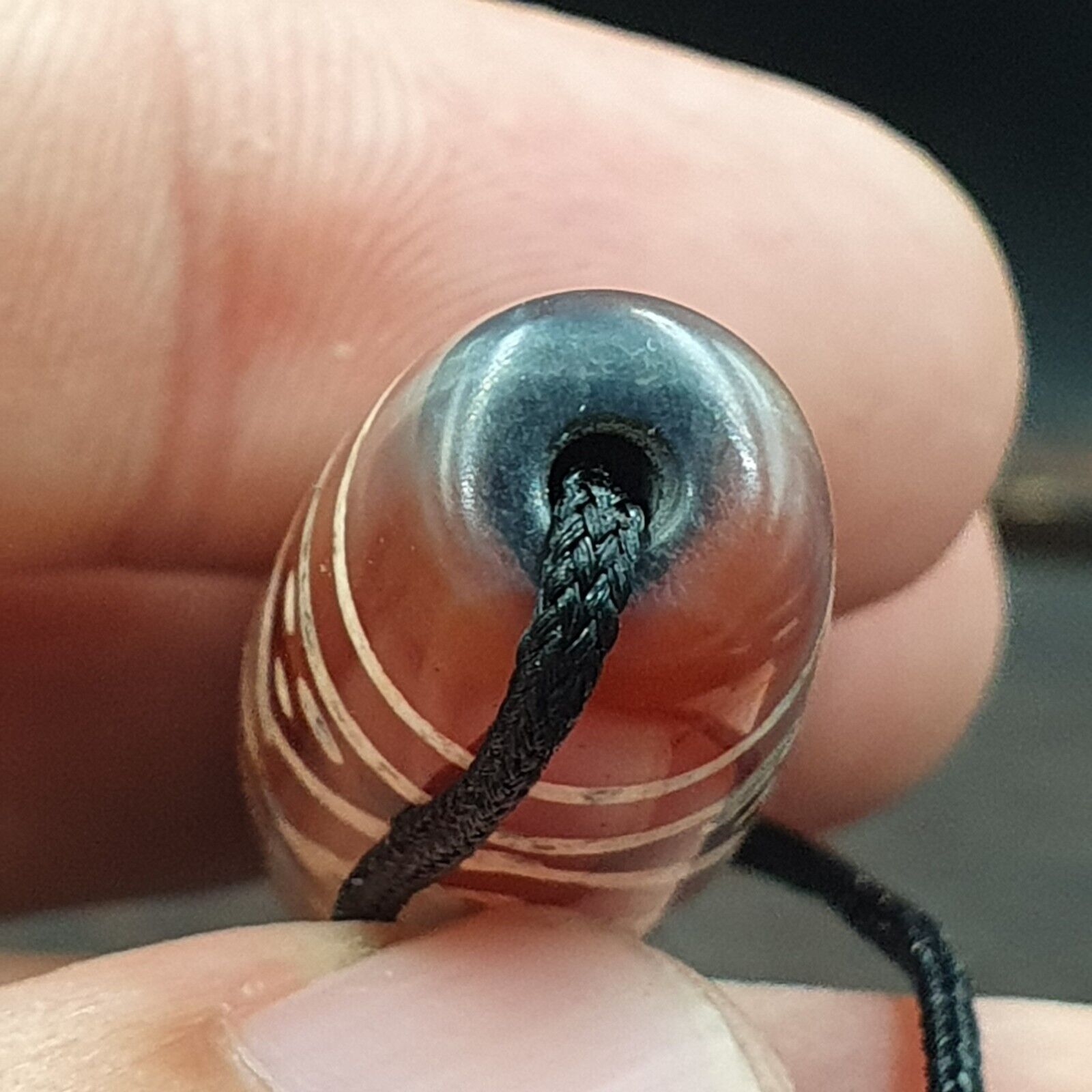 Antique -Vintage PYU Tibetan ETCHED Pink AGATE zig zag Eyes pattern BEAD 51mm
