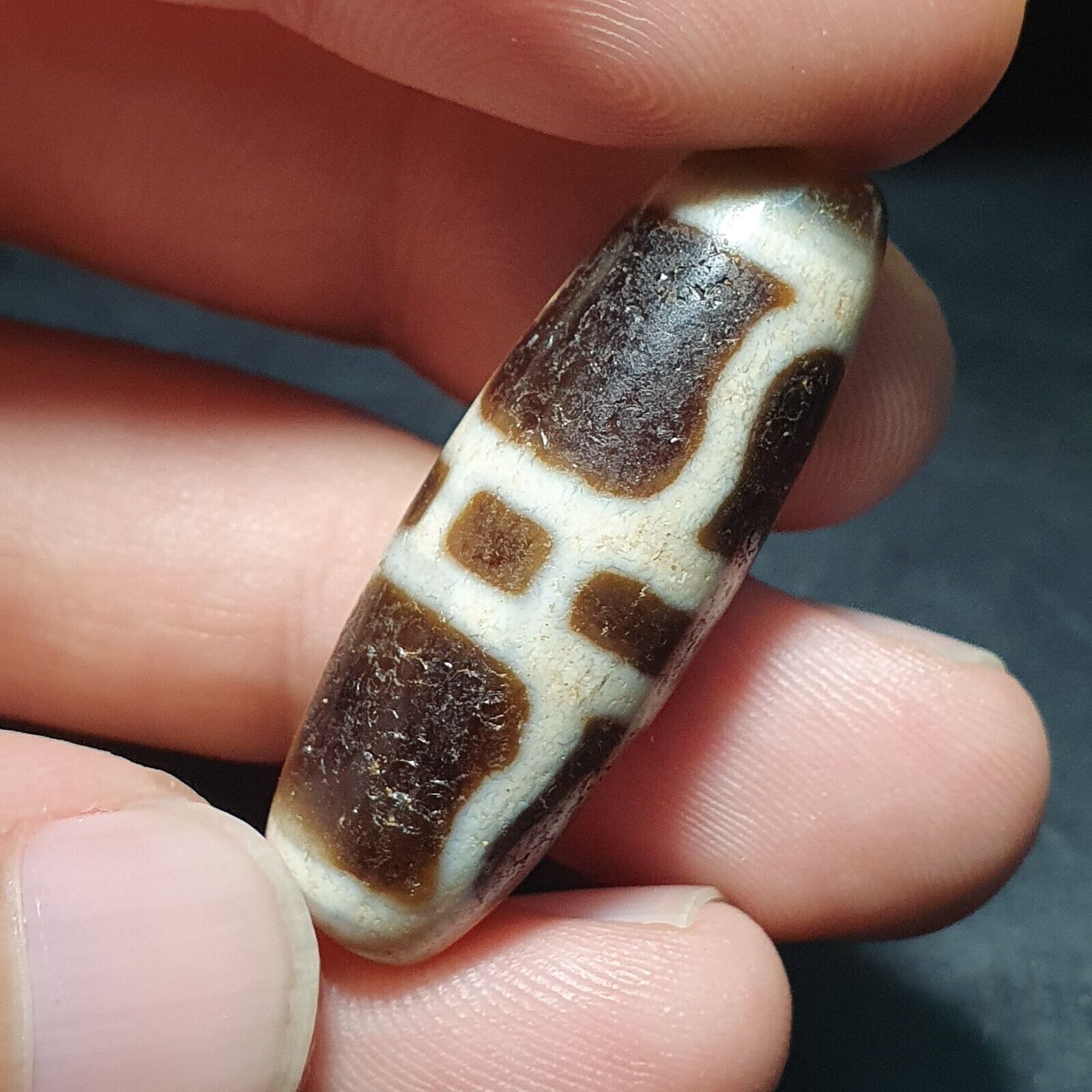Antique Indo Tibetan Very Rare pattern Agate stone Dzi Amulet SHD-7