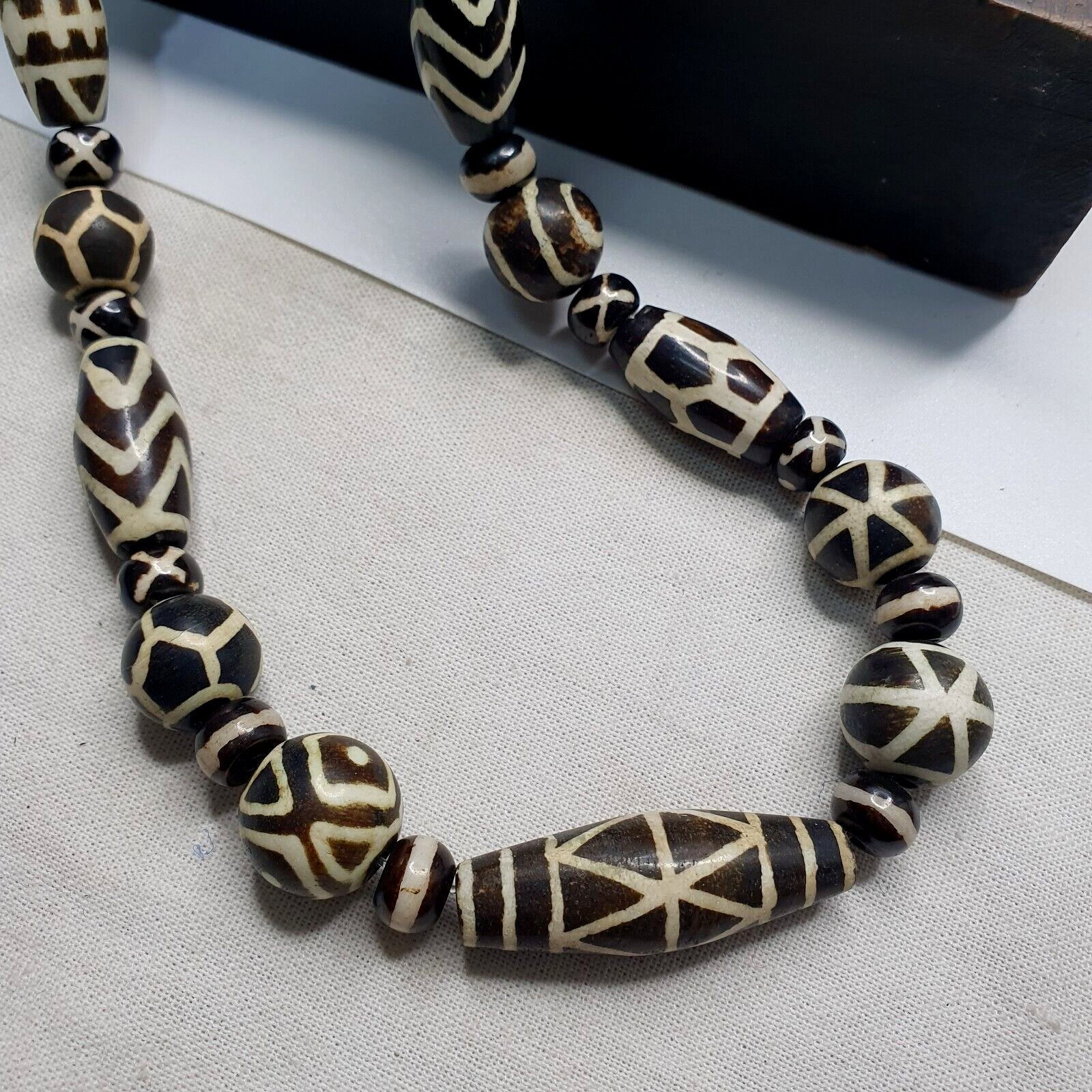 Vintage Black and White Pumtek Pyu Burmese Beads Long Necklace