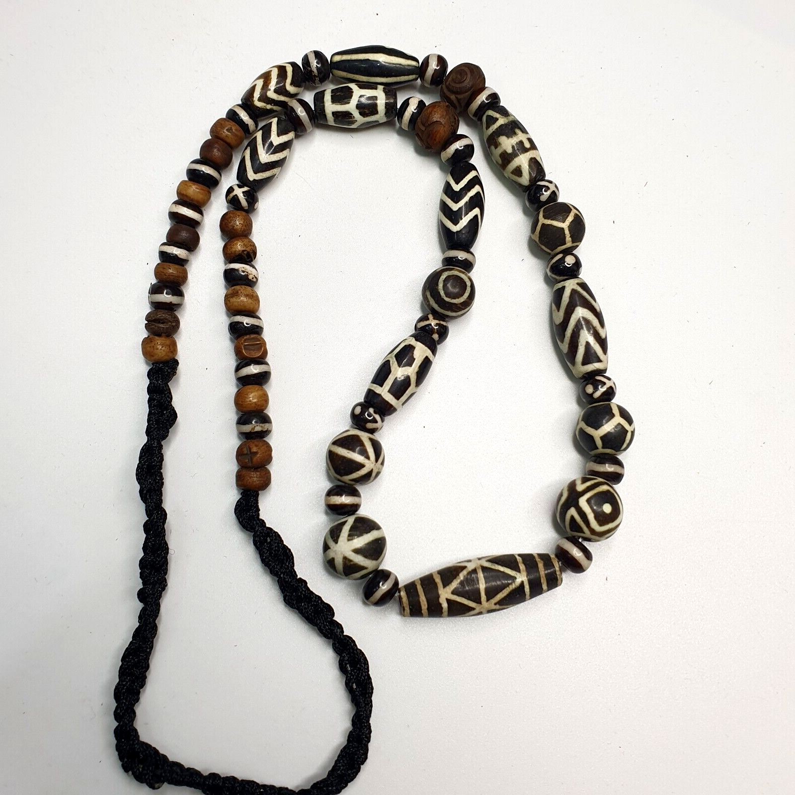 Vintage Black and White Pumtek Pyu Burmese Beads Long Necklace