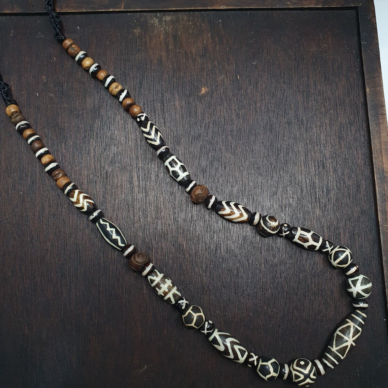 Vintage Black and White Pumtek Pyu Burmese Beads Long Necklace