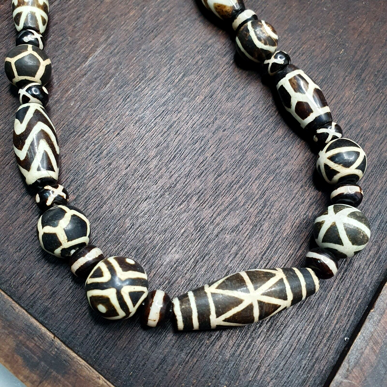 Vintage Black and White Pumtek Pyu Burmese Beads Long Necklace