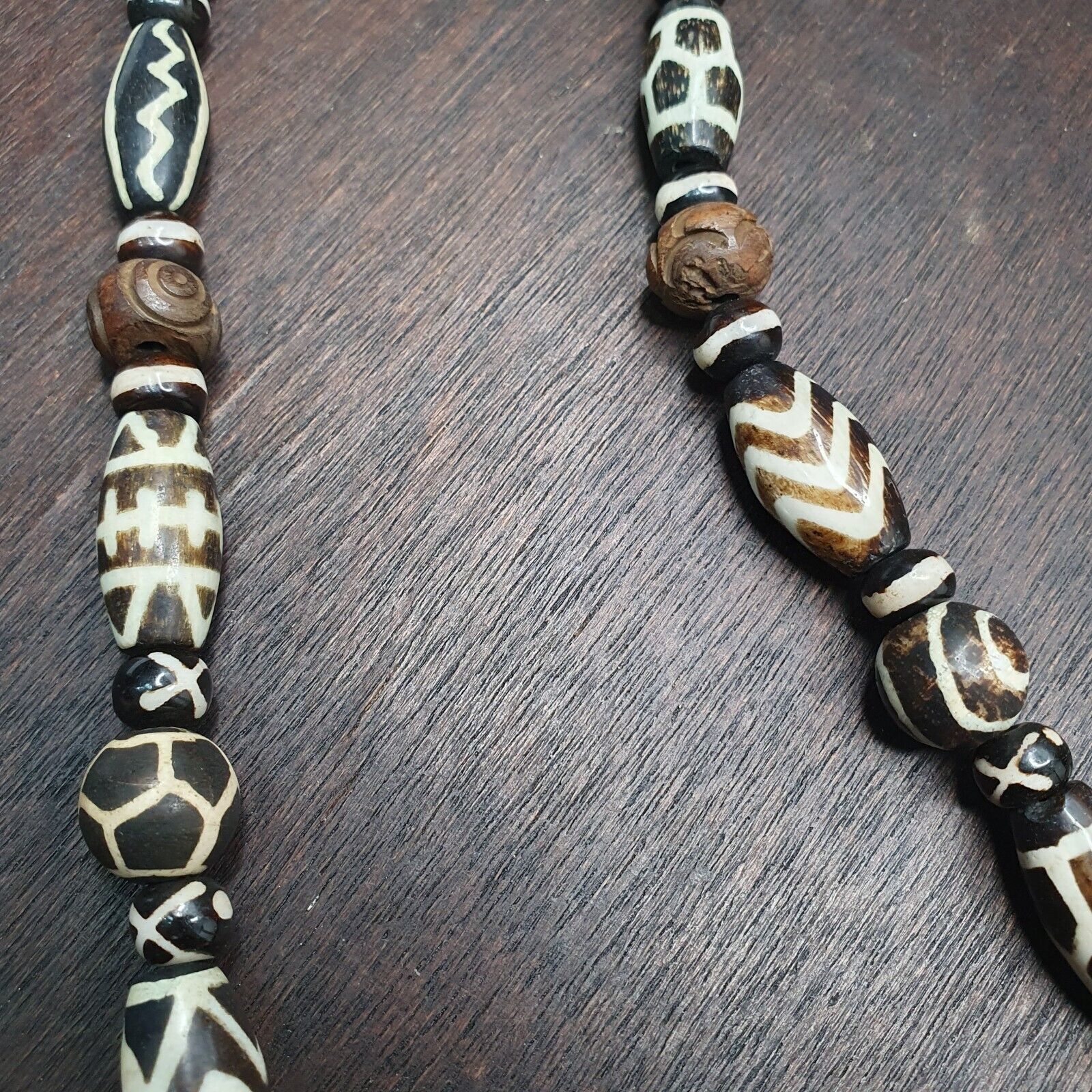 Vintage Black and White Pumtek Pyu Burmese Beads Long Necklace