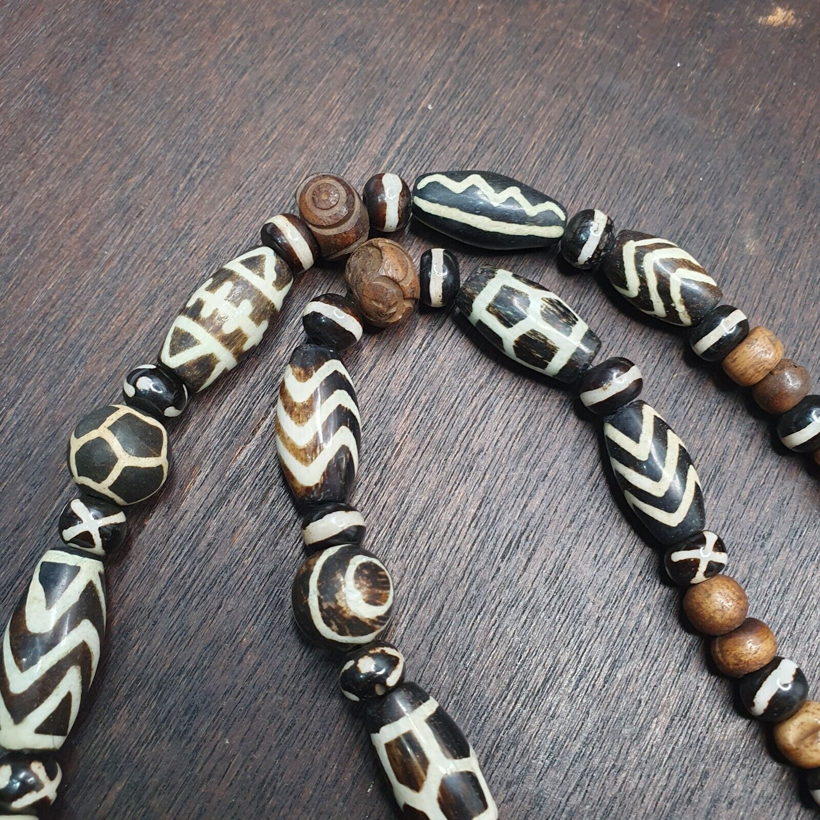 Vintage Black and White Pumtek Pyu Burmese Beads Long Necklace