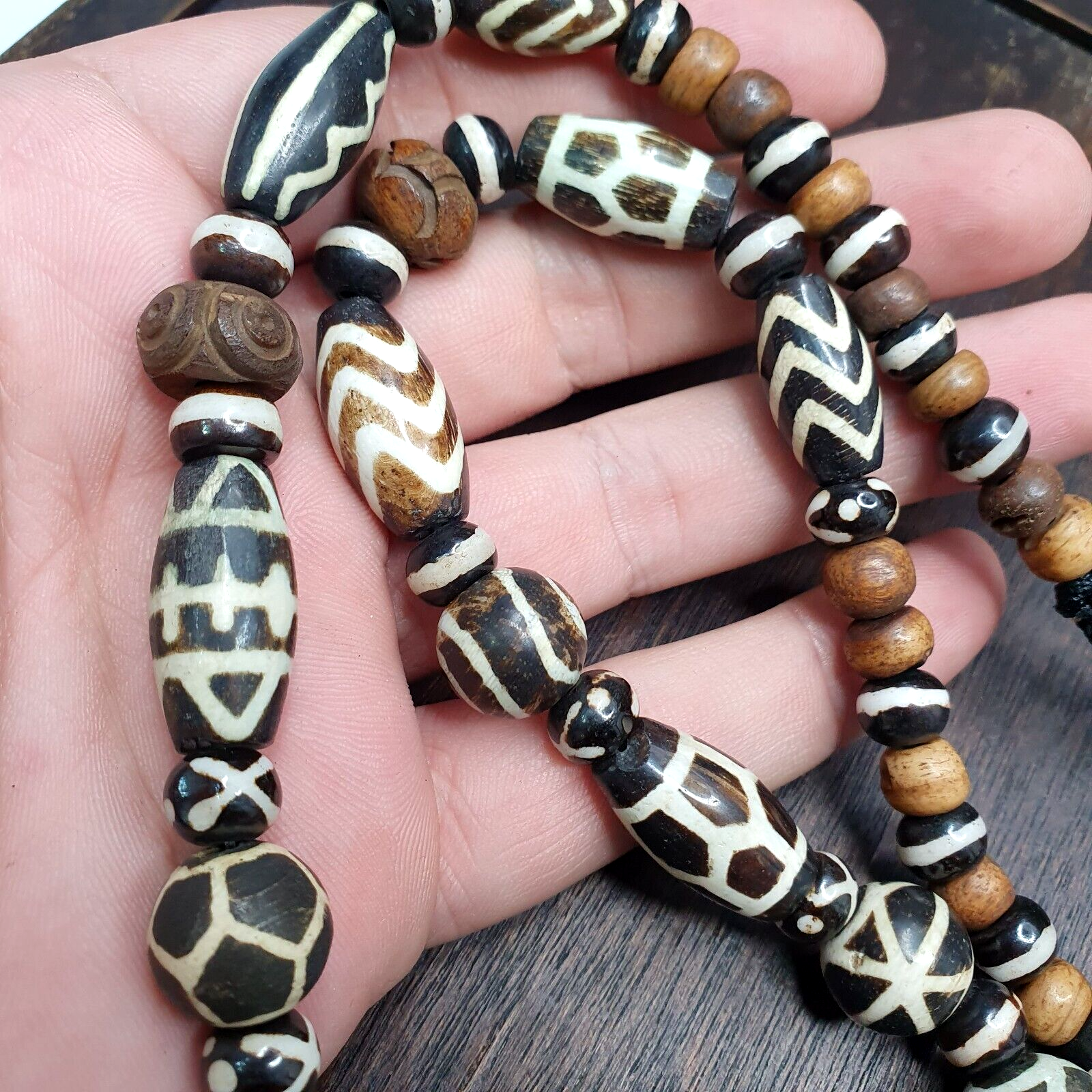 Vintage Black and White Pumtek Pyu Burmese Beads Long Necklace