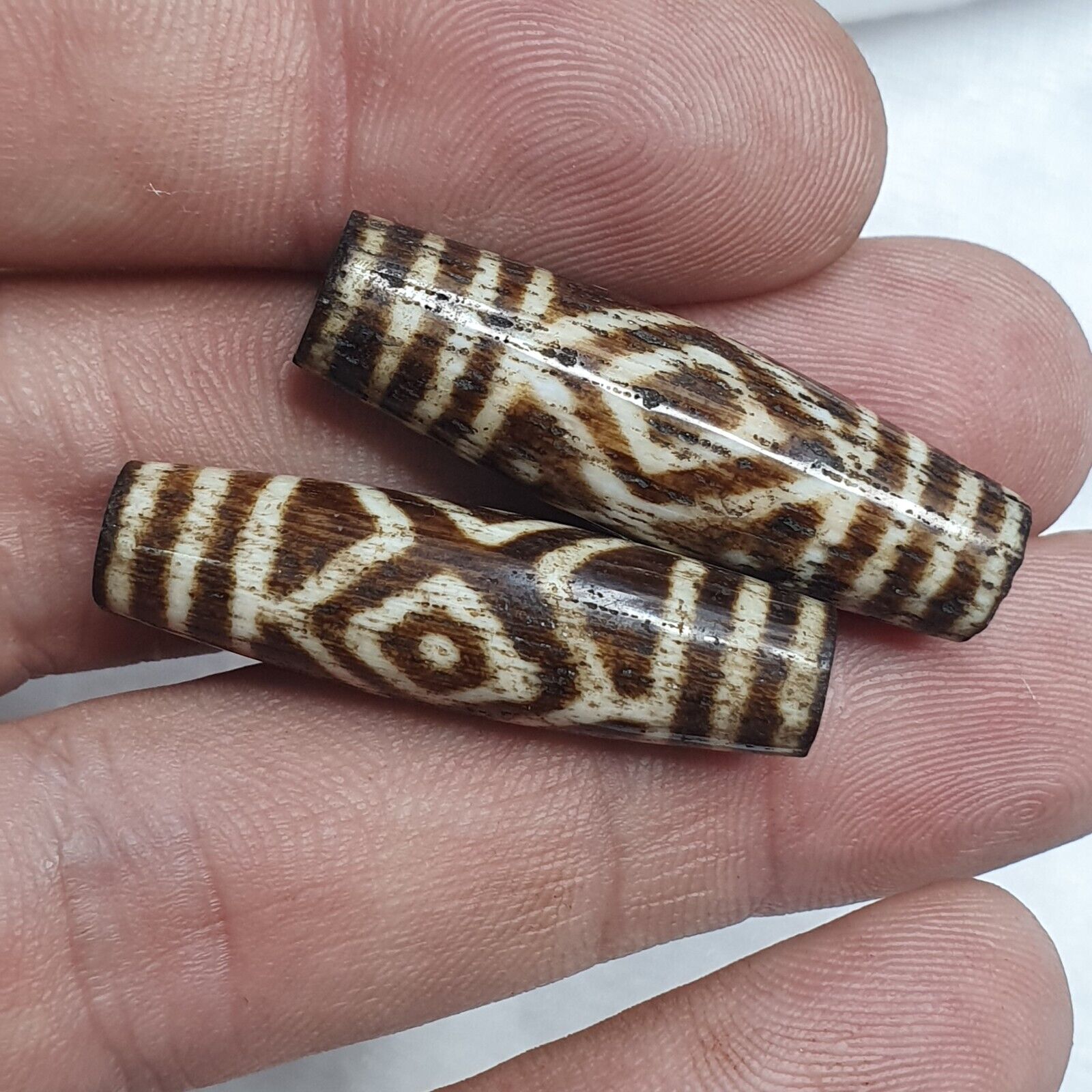 Lot 2 Antique PUMTEK PYU BEAD Rare patterns with SILKY PATINA PBD-4