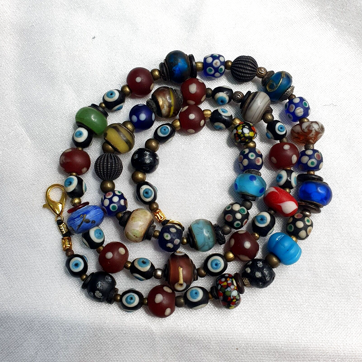 Vintage Beads Collection Skunk, Evil eye, Blown Glass Beaded Necklace