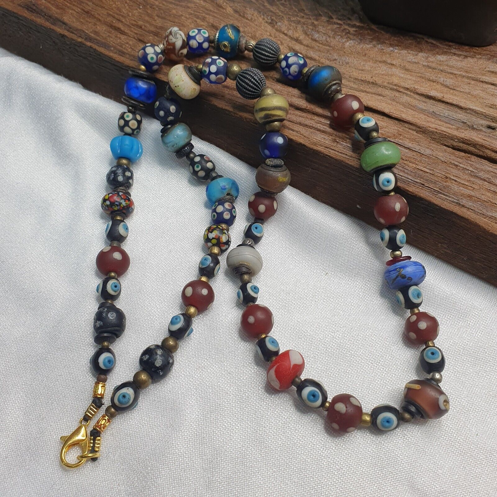 Vintage Beads Collection Skunk, Evil eye, Blown Glass Beaded Necklace