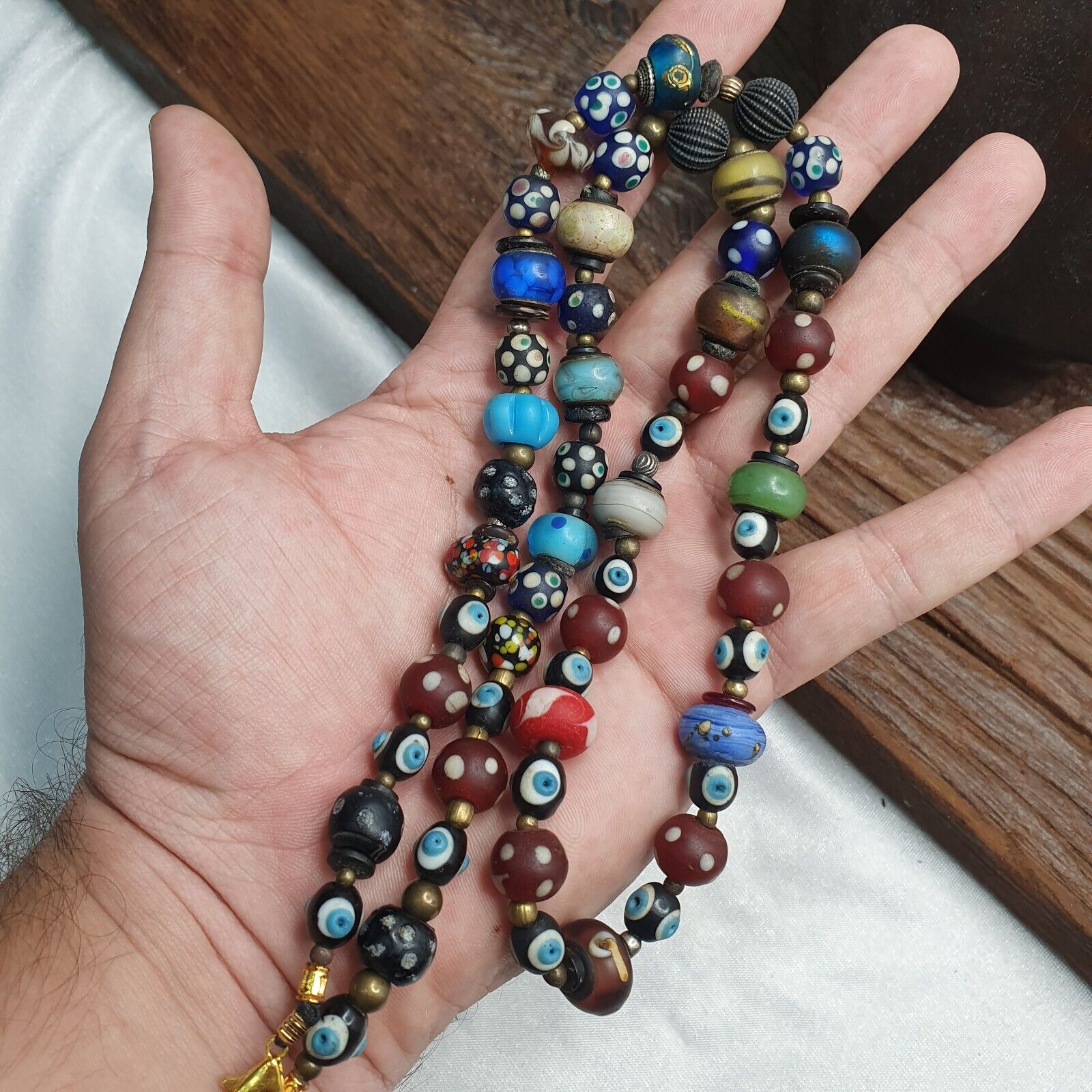 Vintage Beads Collection Skunk, Evil eye, Blown Glass Beaded Necklace