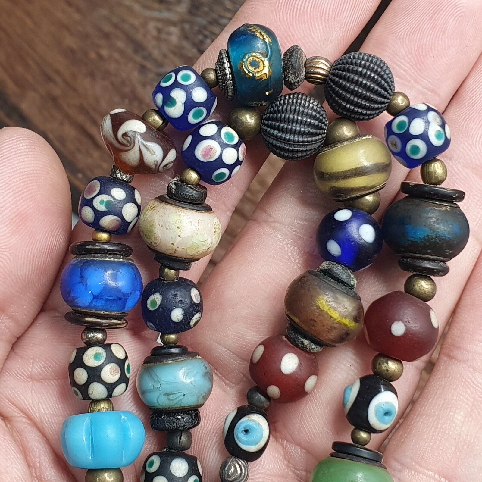 Vintage Beads Collection Skunk, Evil eye, Blown Glass Beaded Necklace
