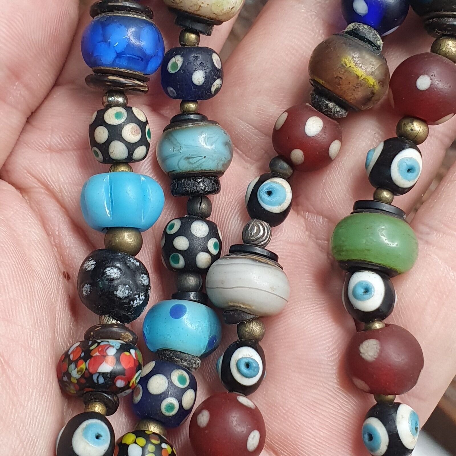 Vintage Beads Collection Skunk, Evil eye, Blown Glass Beaded Necklace