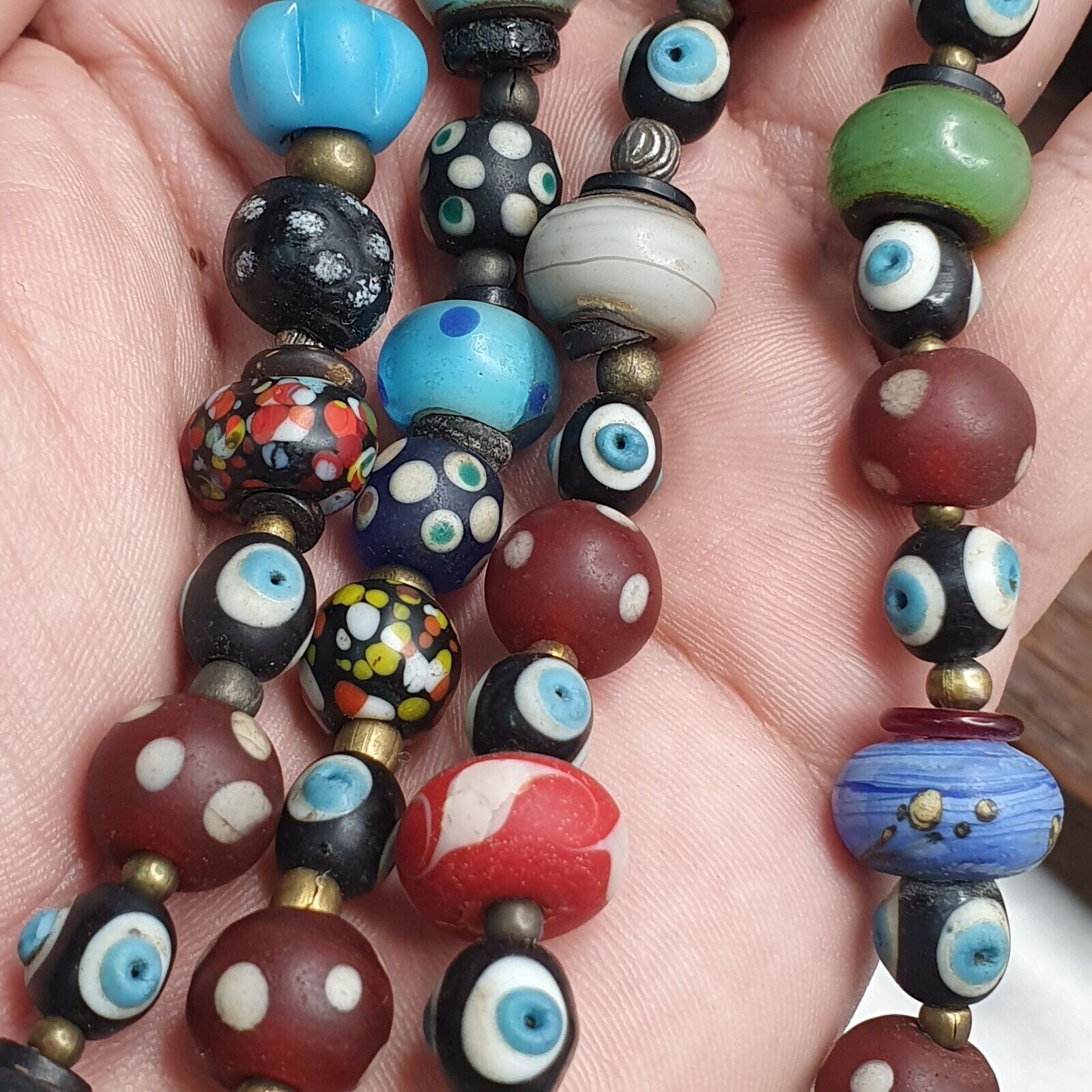Vintage Beads Collection Skunk, Evil eye, Blown Glass Beaded Necklace