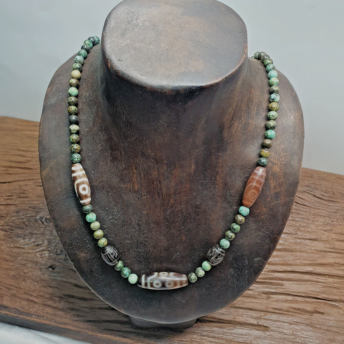 Himalayan Indo Tibetan Dzi Beads with African Turquoise Amulet Necklace