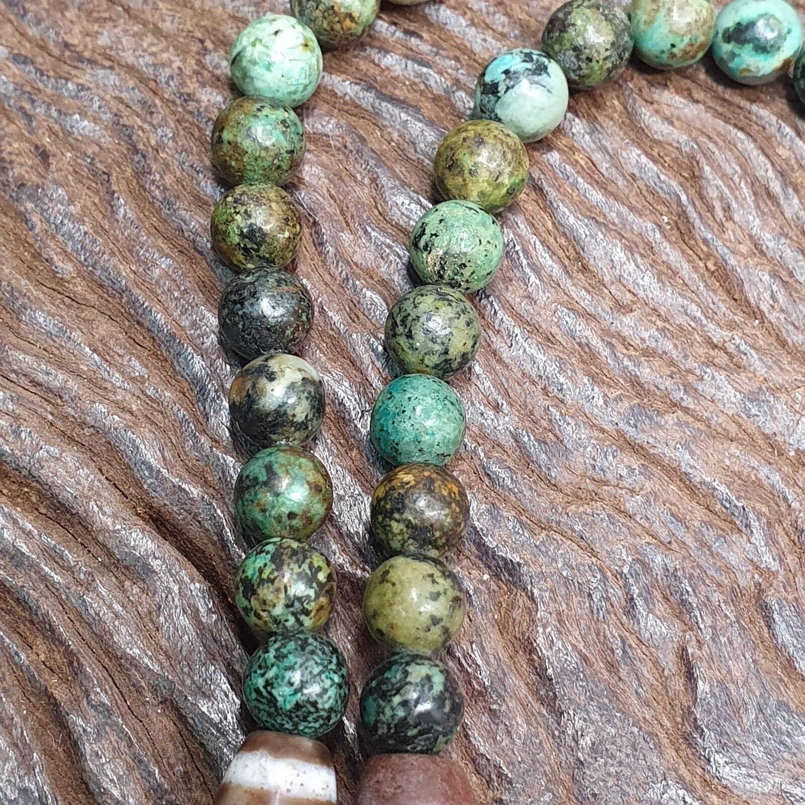 Himalayan Indo Tibetan Dzi Beads with African Turquoise Amulet Necklace
