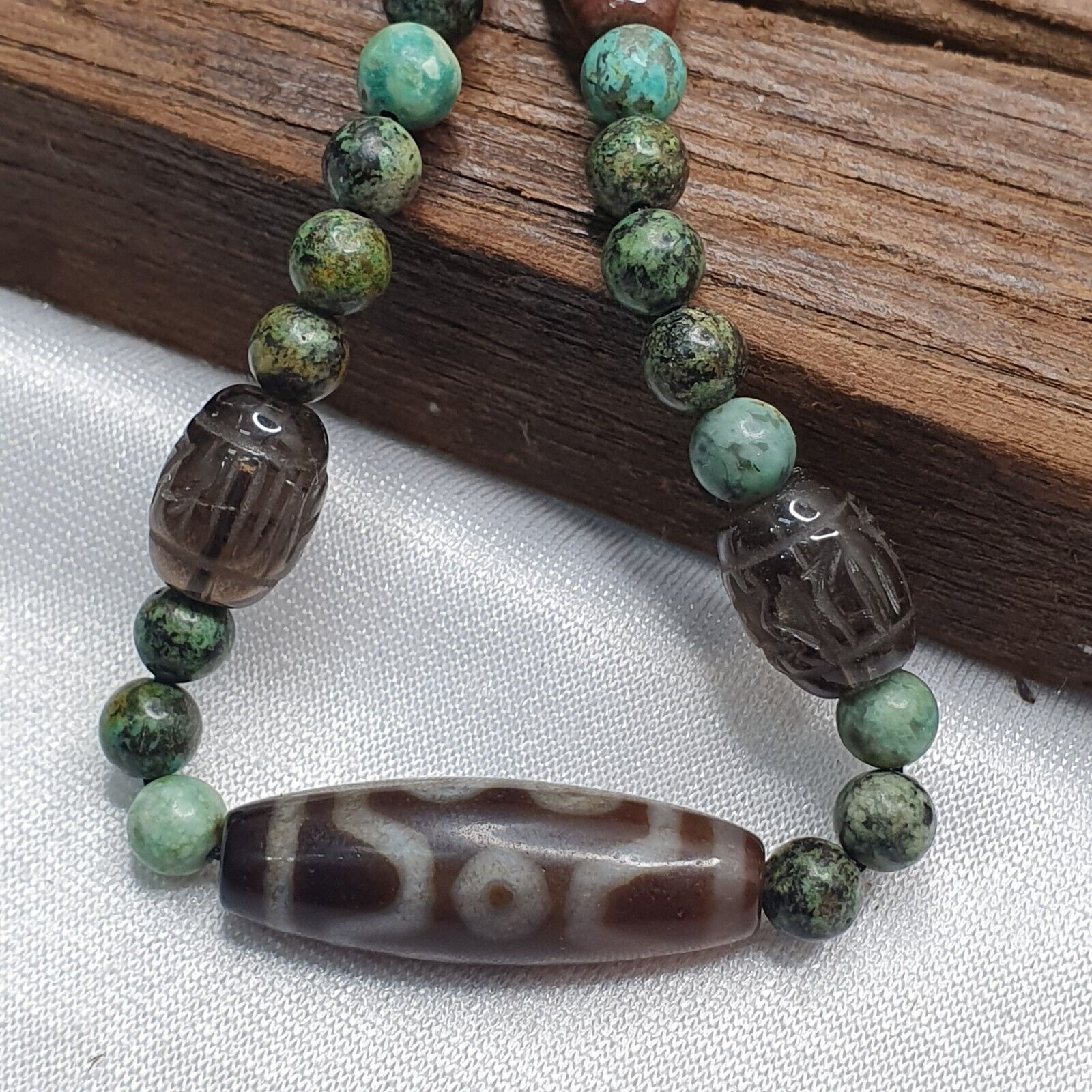 Himalayan Indo Tibetan Dzi Beads with African Turquoise Amulet Necklace