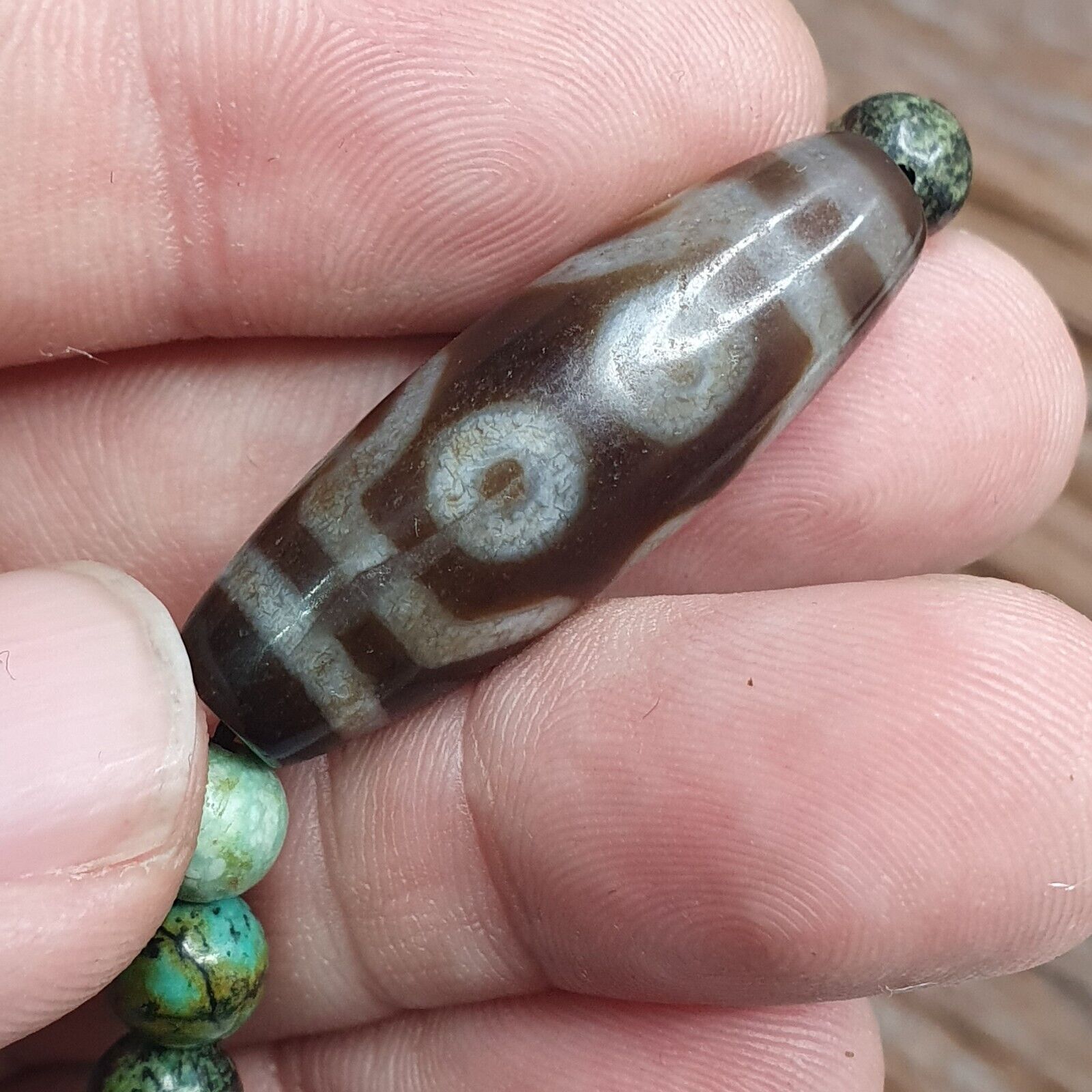 Himalayan Indo Tibetan Dzi Beads with African Turquoise Amulet Necklace