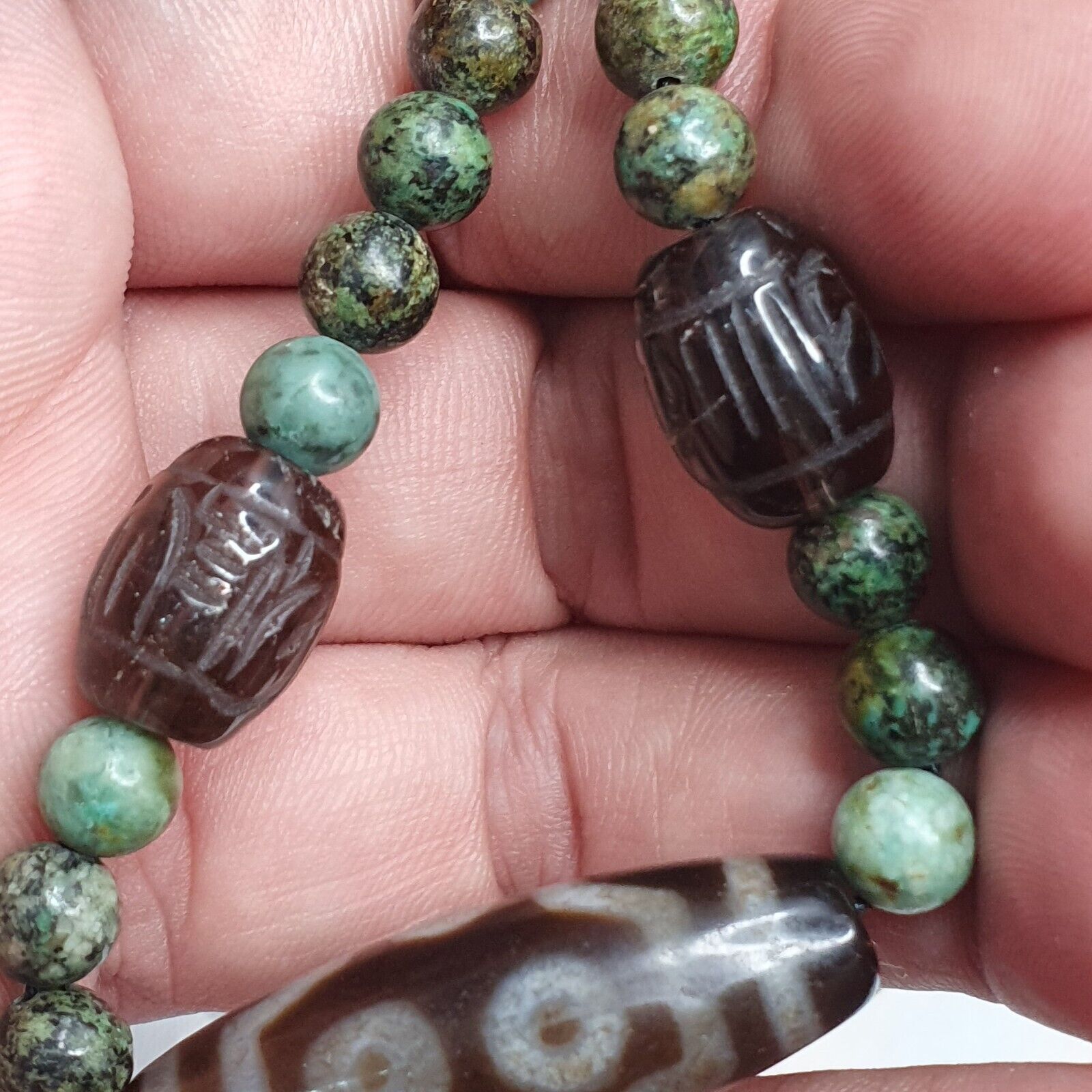 Himalayan Indo Tibetan Dzi Beads with African Turquoise Amulet Necklace