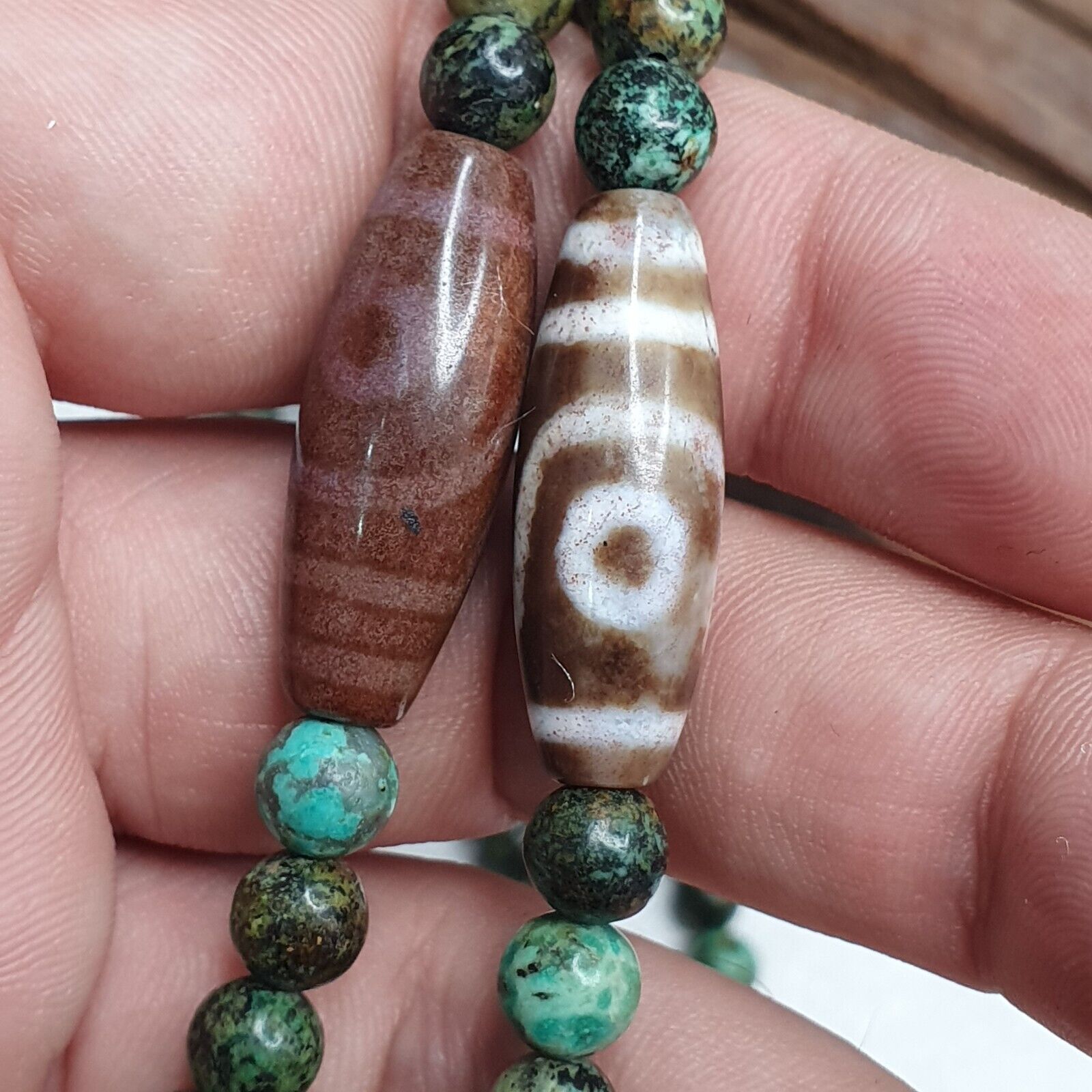 Himalayan Indo Tibetan Dzi Beads with African Turquoise Amulet Necklace