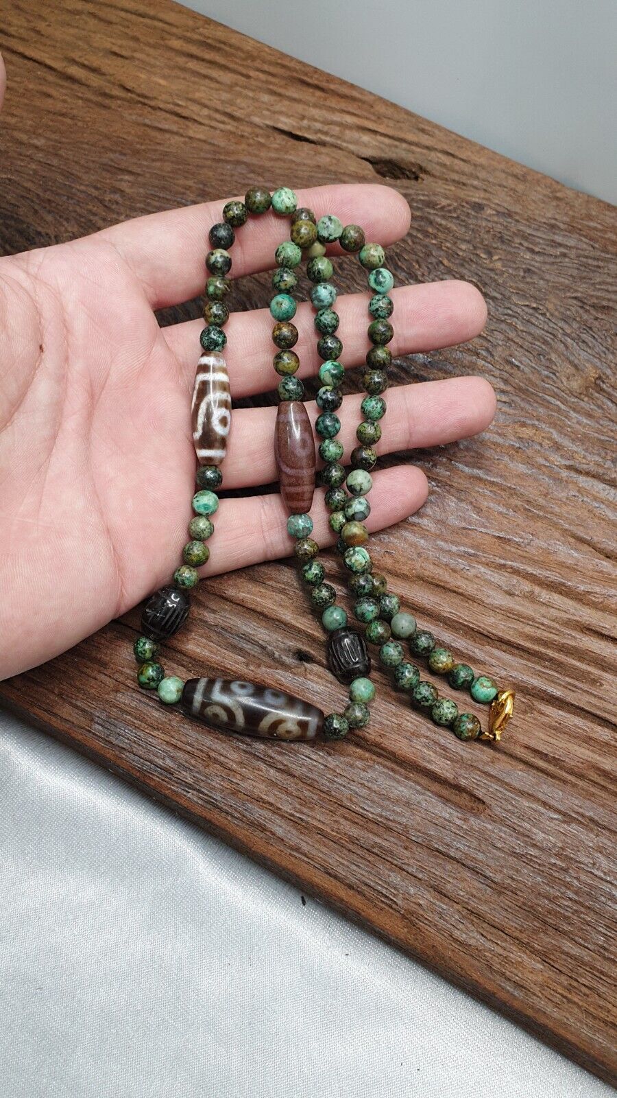 Himalayan Indo Tibetan Dzi Beads with African Turquoise Amulet Necklace