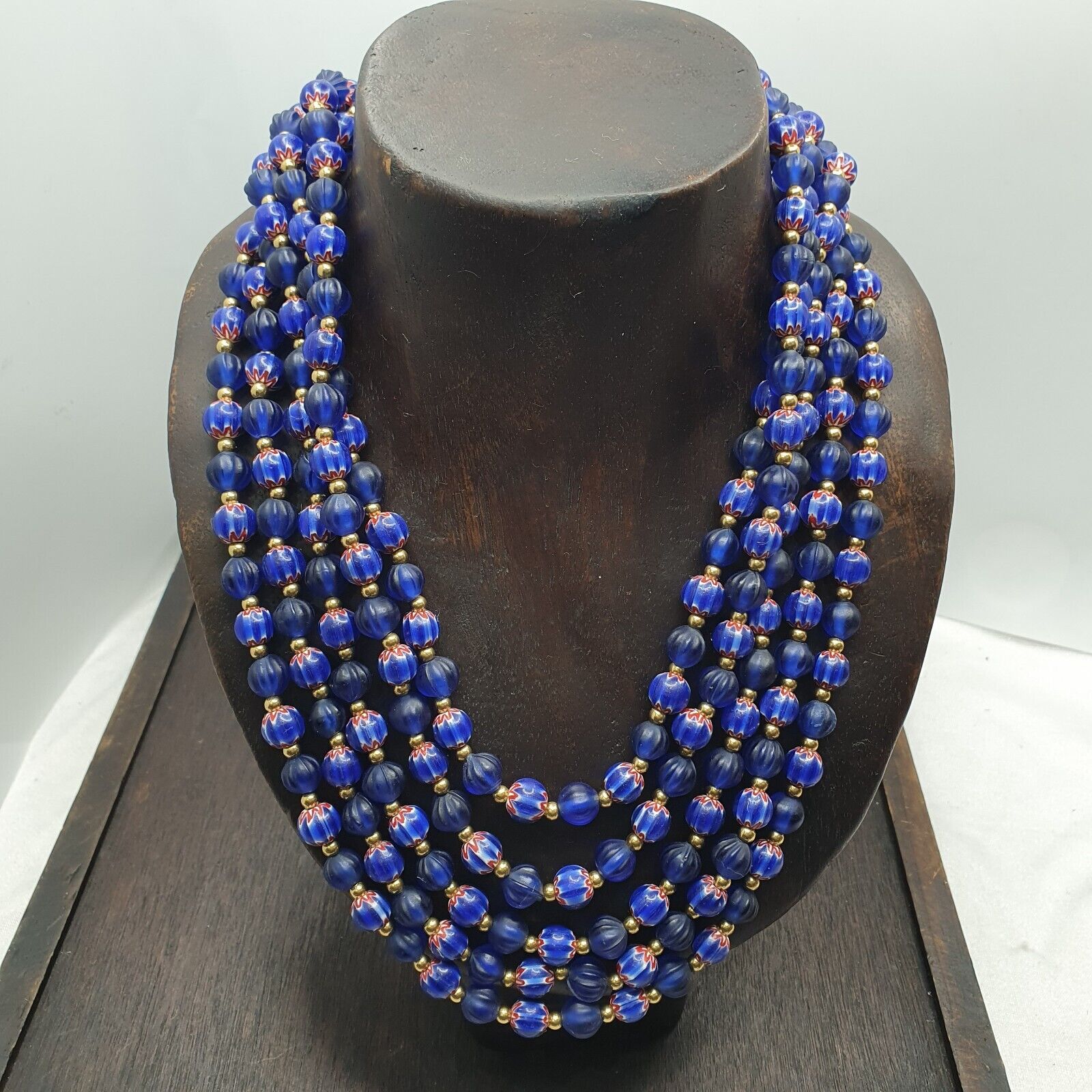 Venetian Style Vintage Blue Chevron, African Blue Glass Beads Necklace CHR-2