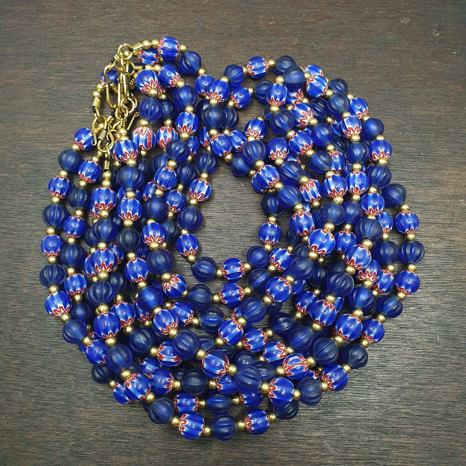 Venetian Style Vintage Blue Chevron, African Blue Glass Beads Necklace CHR-2