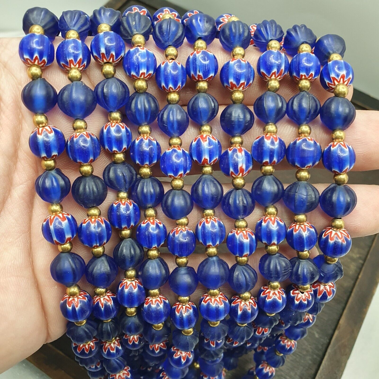 Venetian Style Vintage Blue Chevron, African Blue Glass Beads Necklace CHR-2