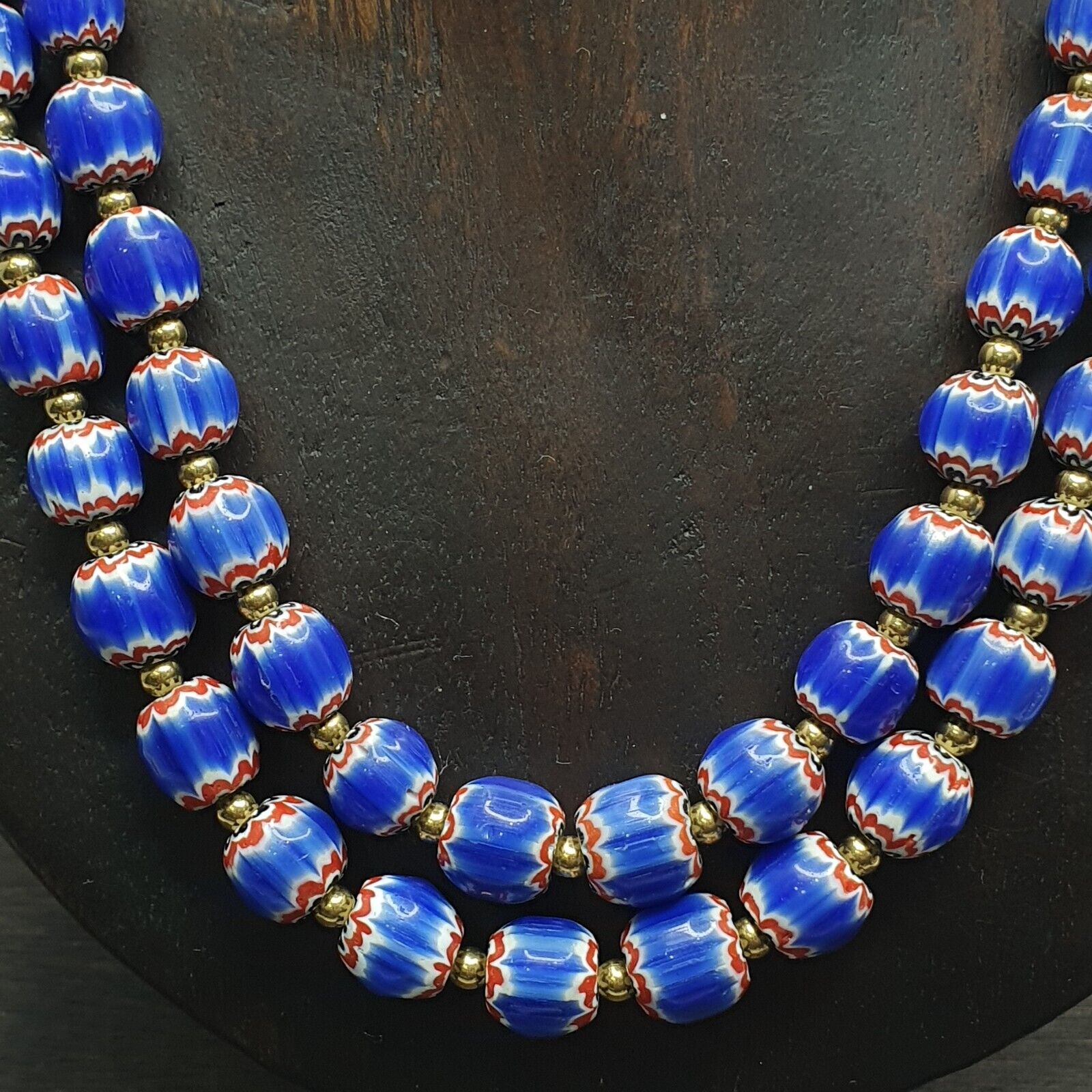 Vintage Blue Chevron Venetian Style Multilayers Glass Beads Necklace CHR-1