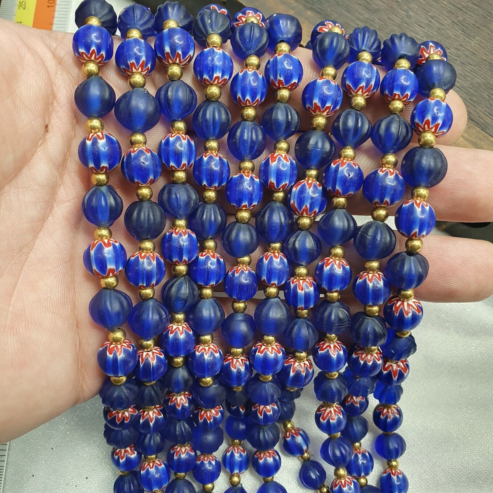 Venetian Style Vintage Blue Chevron, African Blue Glass Beads Necklace CHR-2