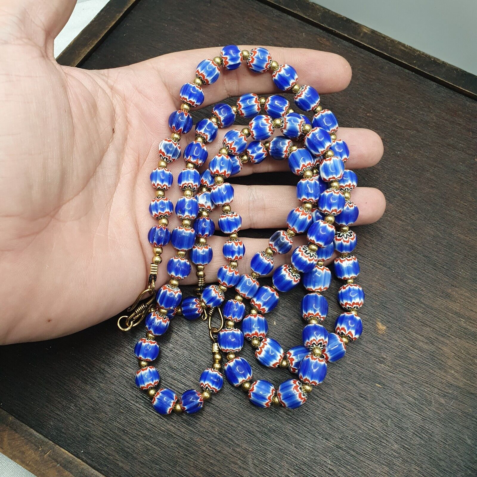 Vintage Blue Chevron Venetian Style Multilayers Glass Beads Necklace CHR-1