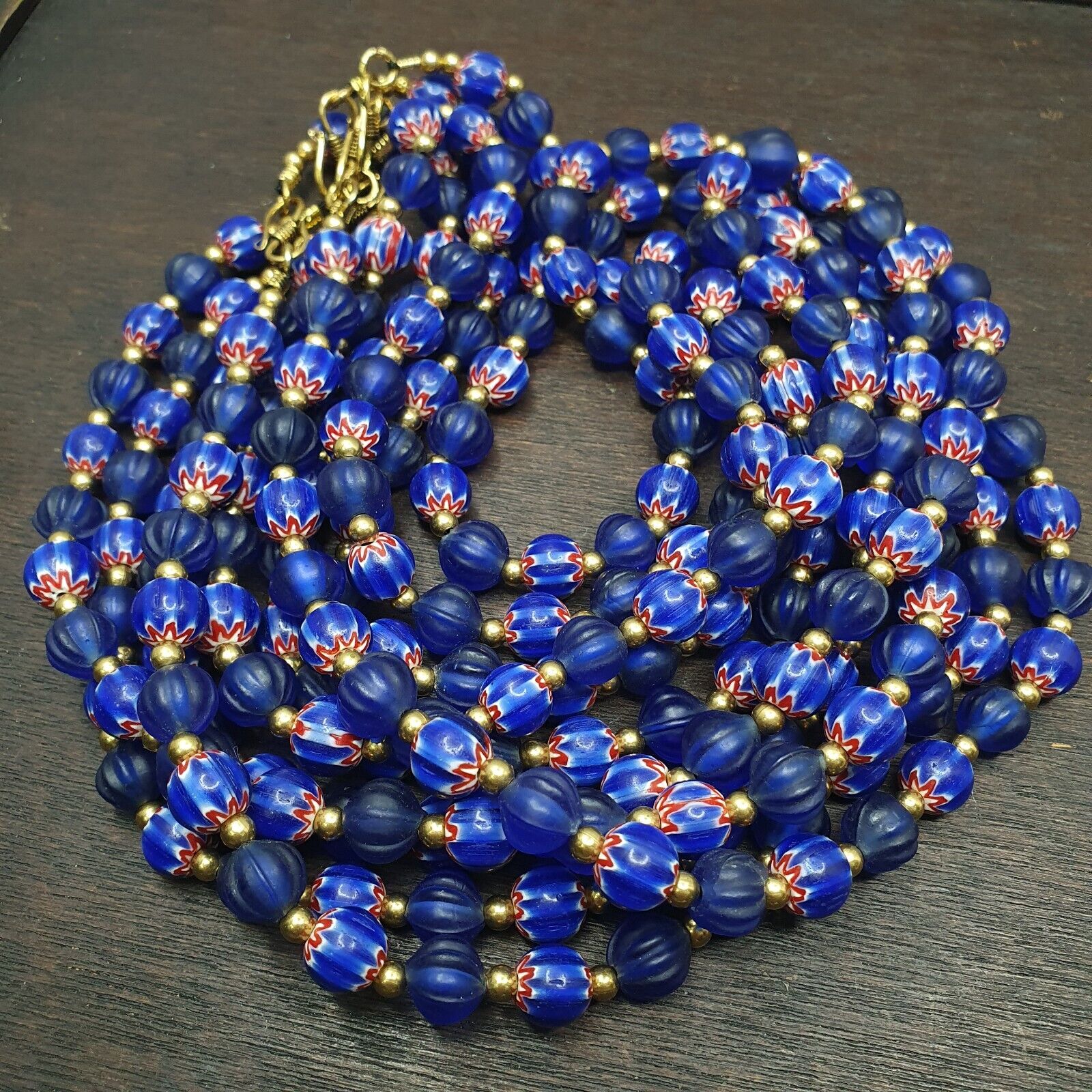 Venetian Style Vintage Blue Chevron, African Blue Glass Beads Necklace CHR-2