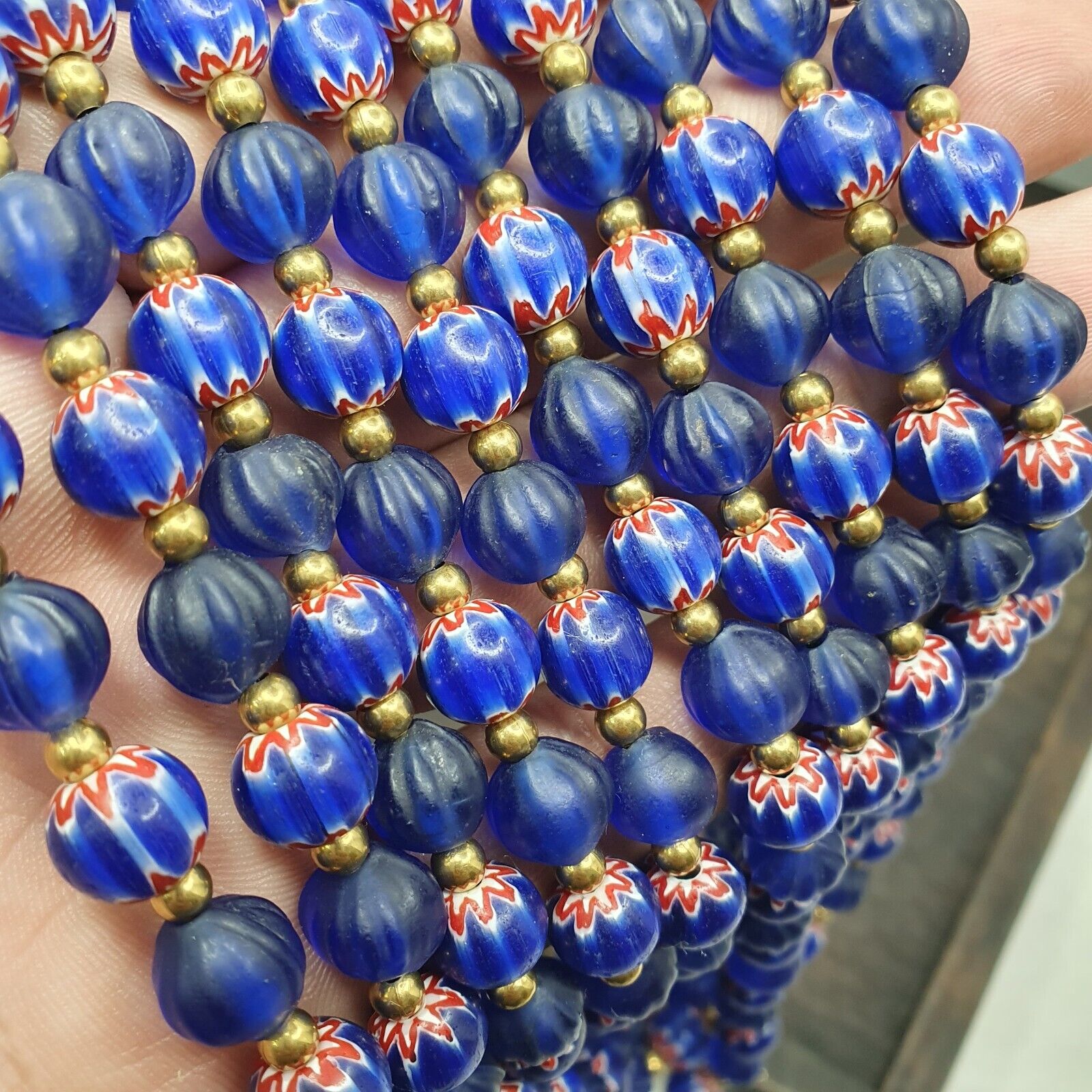 Venetian Style Vintage Blue Chevron, African Blue Glass Beads Necklace CHR-2