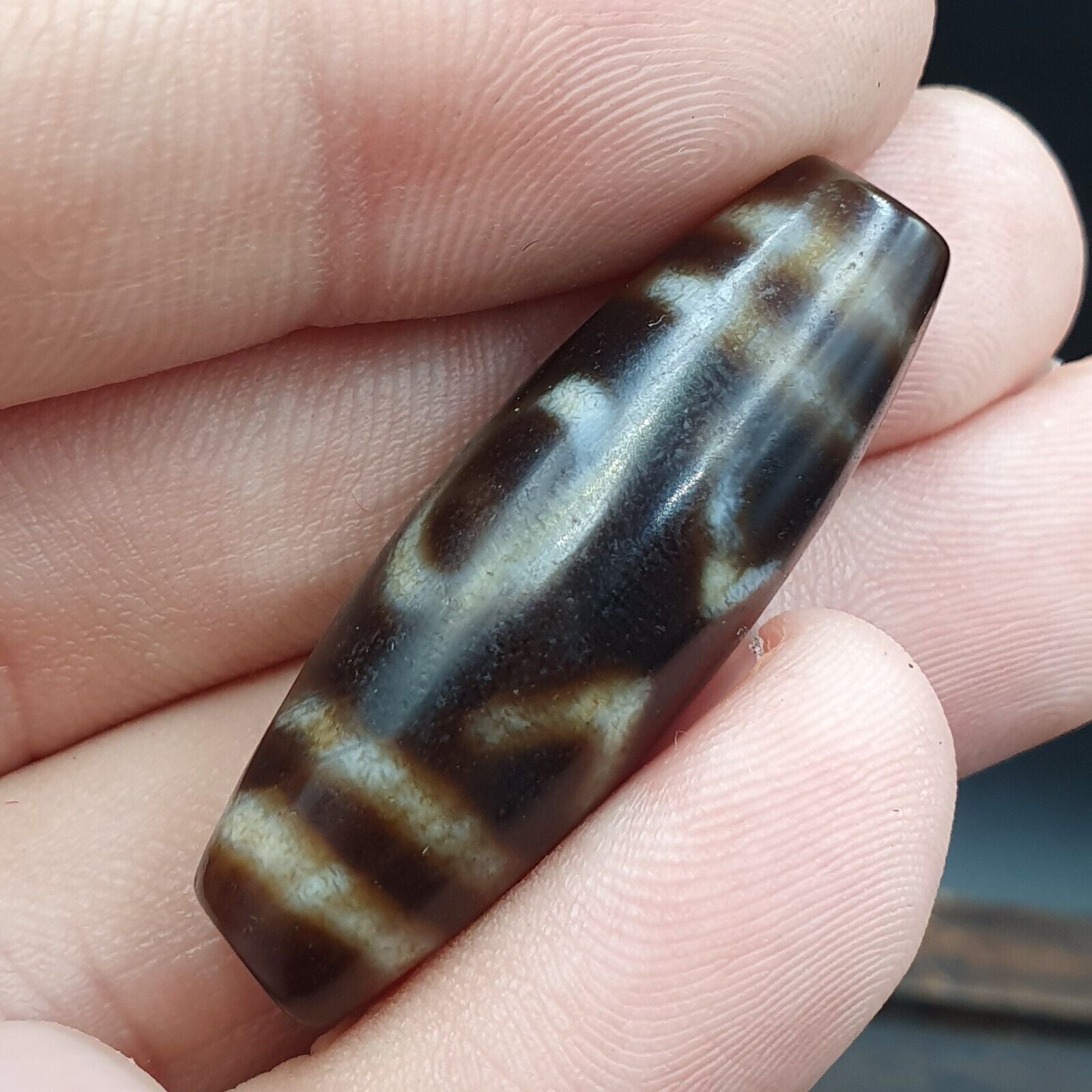 Tibetan Old Agate Dzi Bead ‘ 2 Eyes ’ TOTEM Amulet Pendant