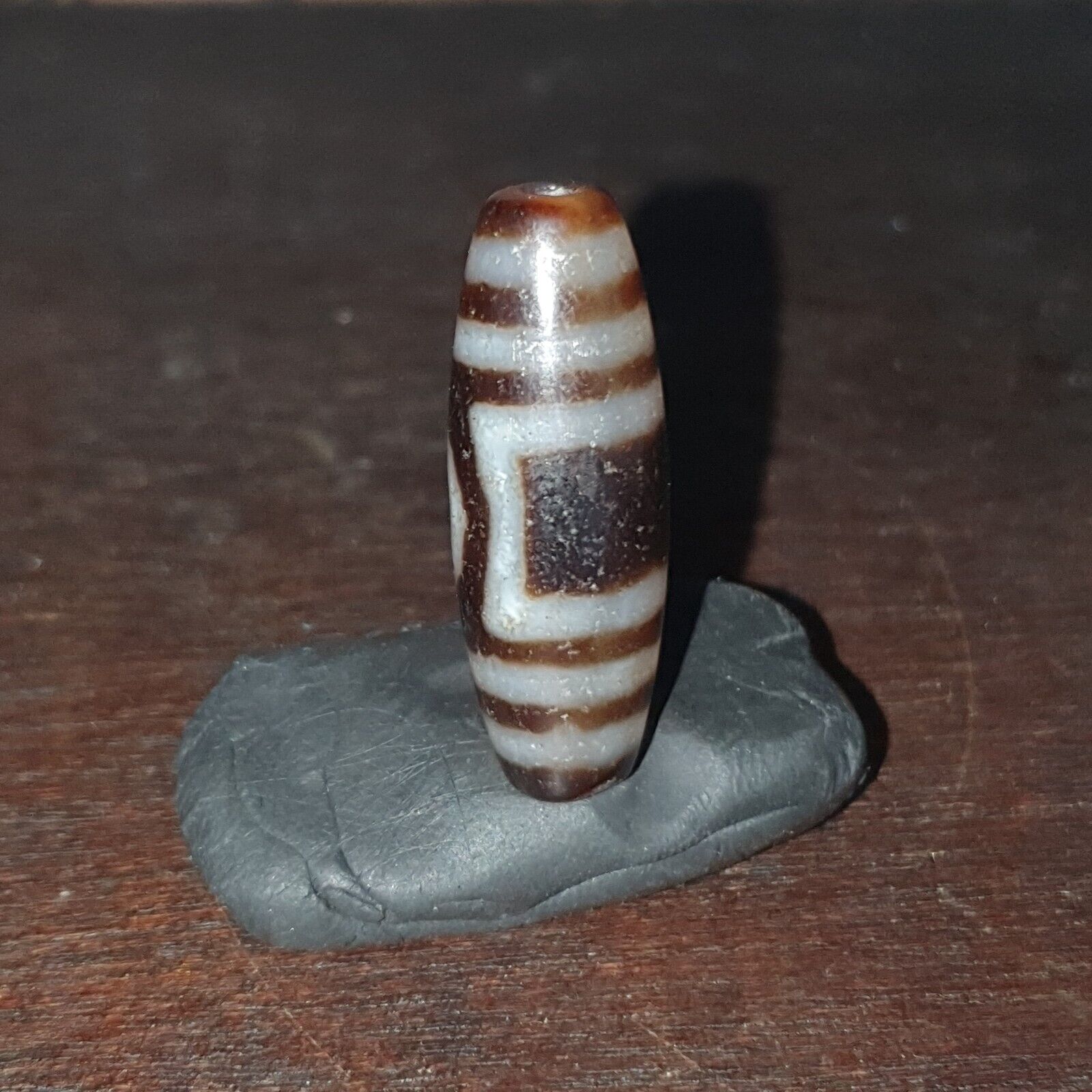 Tibetan Old Agate Dzi Bead ‘ 2 Eyes ’ Circle & Square TOTEM Amulet Pendant