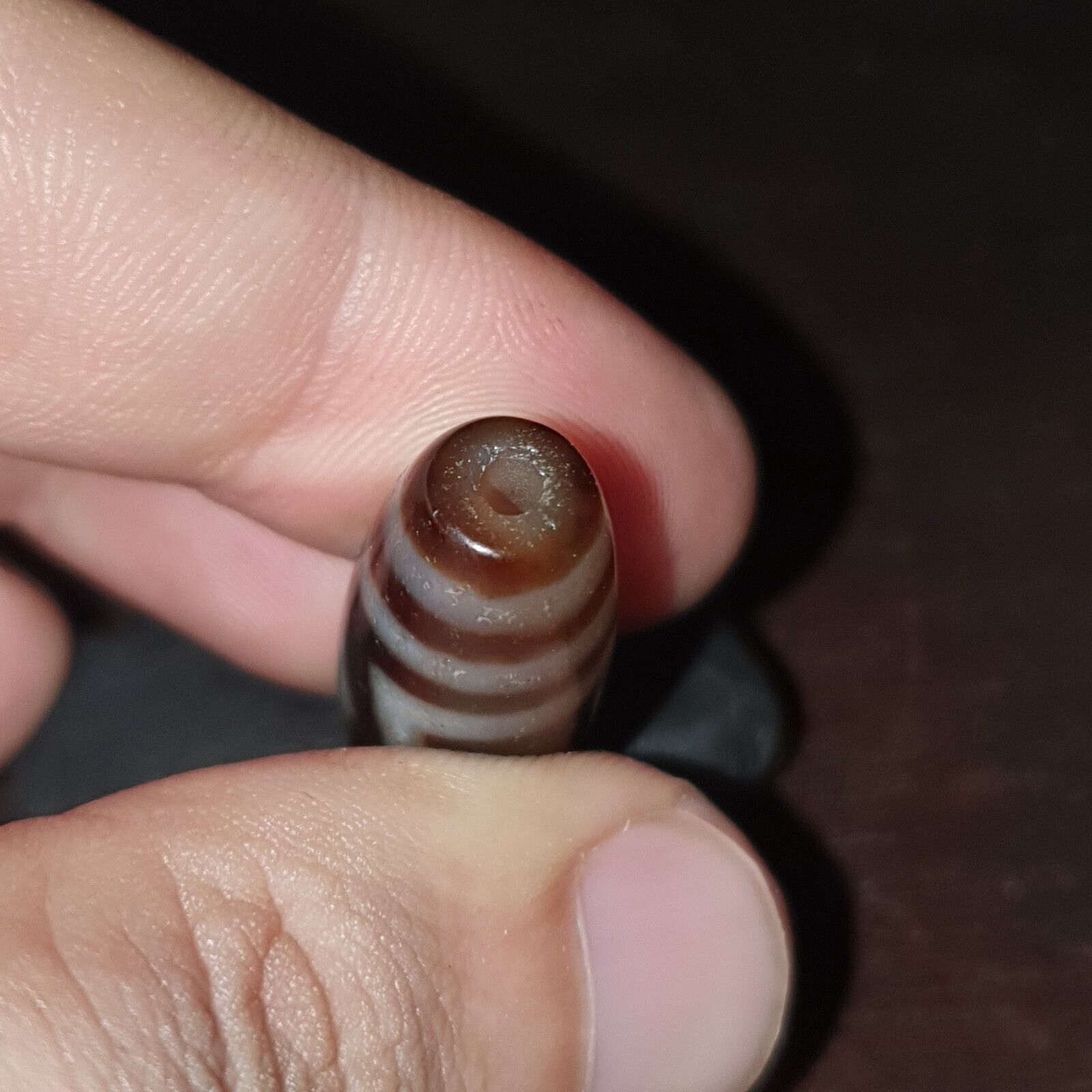 Tibetan Old Agate Dzi Bead ‘ 2 Eyes ’ Circle & Square TOTEM Amulet Pendant