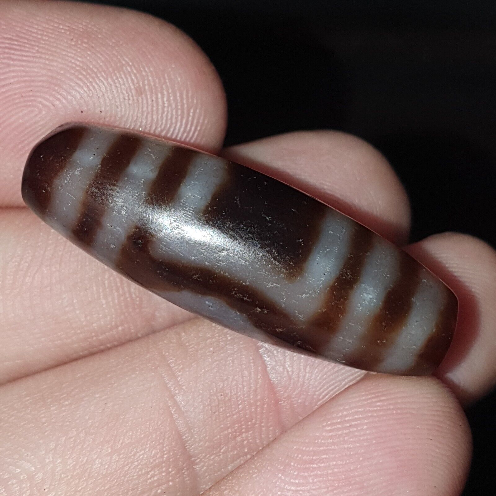 Tibetan Old Agate Dzi Bead ‘ 2 Eyes ’ Circle & Square TOTEM Amulet Pendant