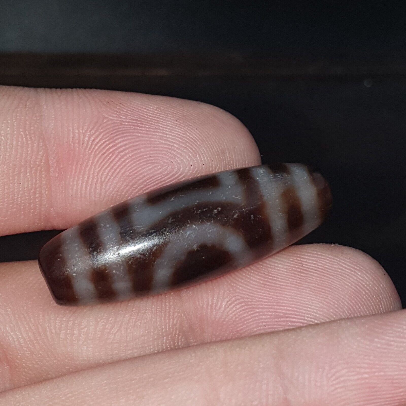 Tibetan Old Agate Dzi Bead ‘ 2 Eyes ’ Circle & Square TOTEM Amulet Pendant