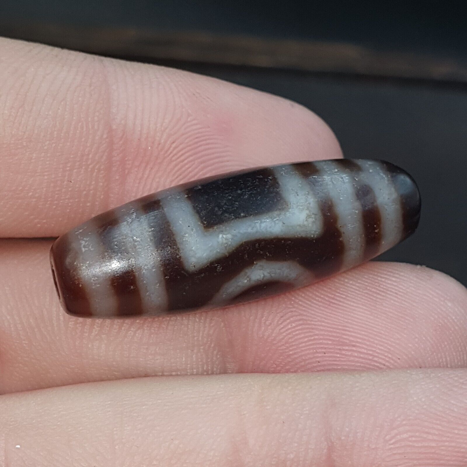 Tibetan Old Agate Dzi Bead ‘ 2 Eyes ’ Circle & Square TOTEM Amulet Pendant