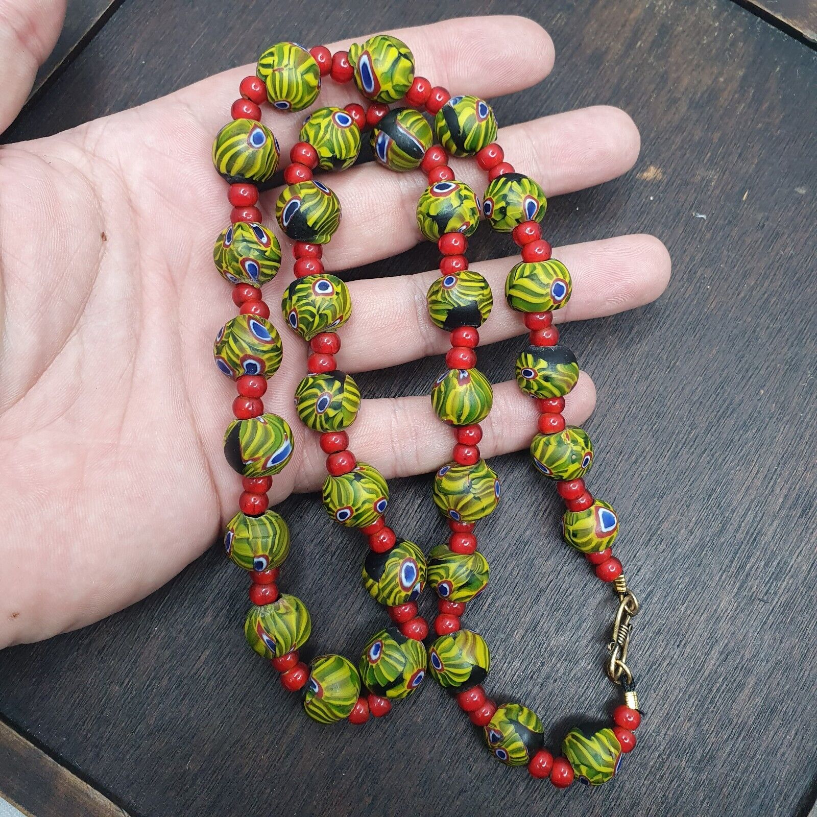 Vintage RED white Heart 6mm & Roman Style Green Gabri Eyes Beads Necklace