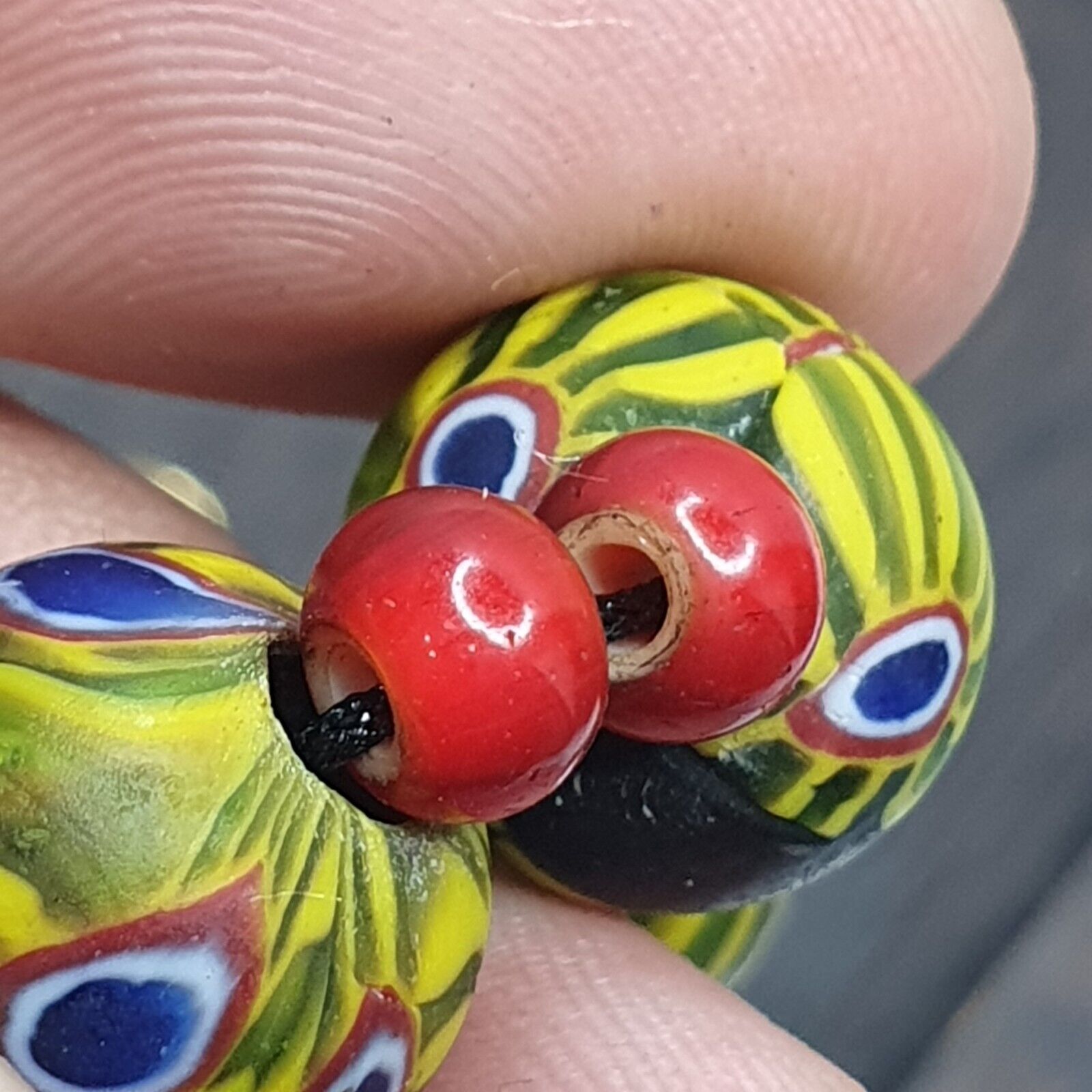 Vintage RED white Heart 6mm & Roman Style Green Gabri Eyes Beads Necklace
