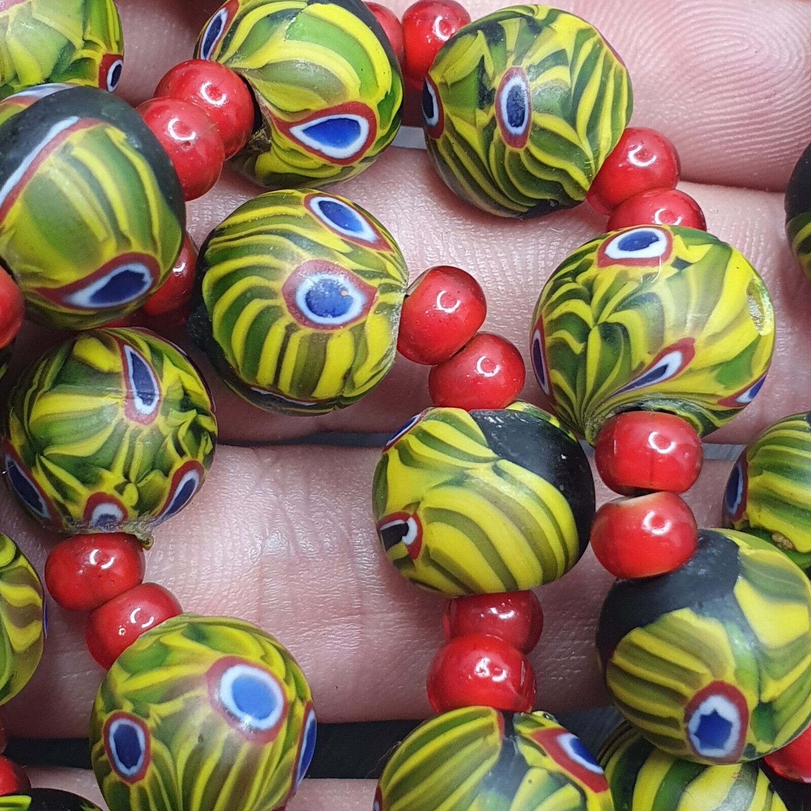 Vintage RED white Heart 6mm & Roman Style Green Gabri Eyes Beads Necklace
