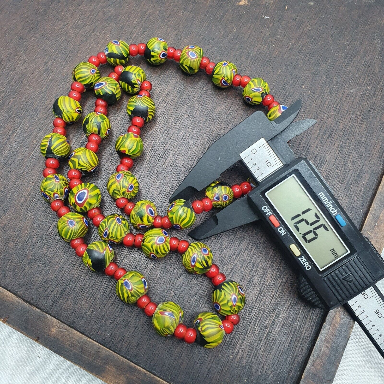 Vintage RED white Heart 6mm & Roman Style Green Gabri Eyes Beads Necklace