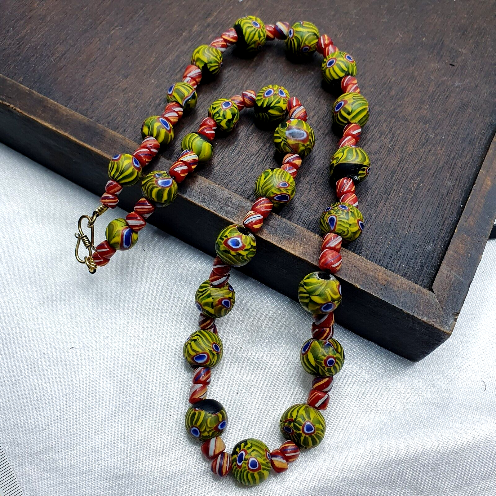 Vintage Roman Style Green Gabri Eyes And African red Glass Beads Necklace